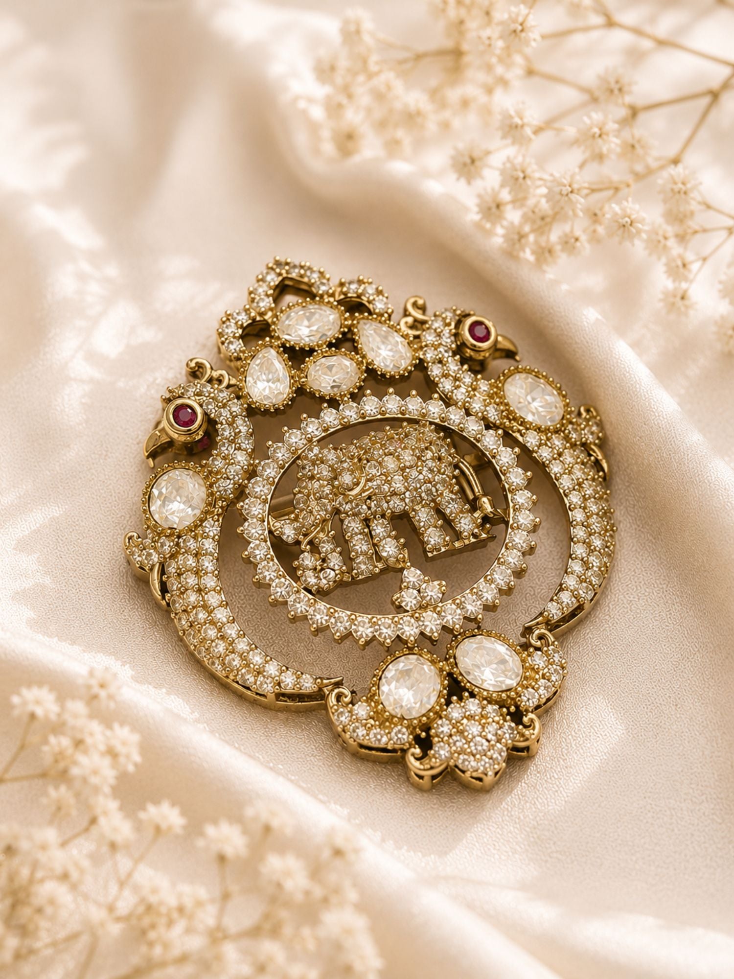 Unisex Elephant Peacock Mehandi Plated Broocn Pin | Abdesigns Jewellery