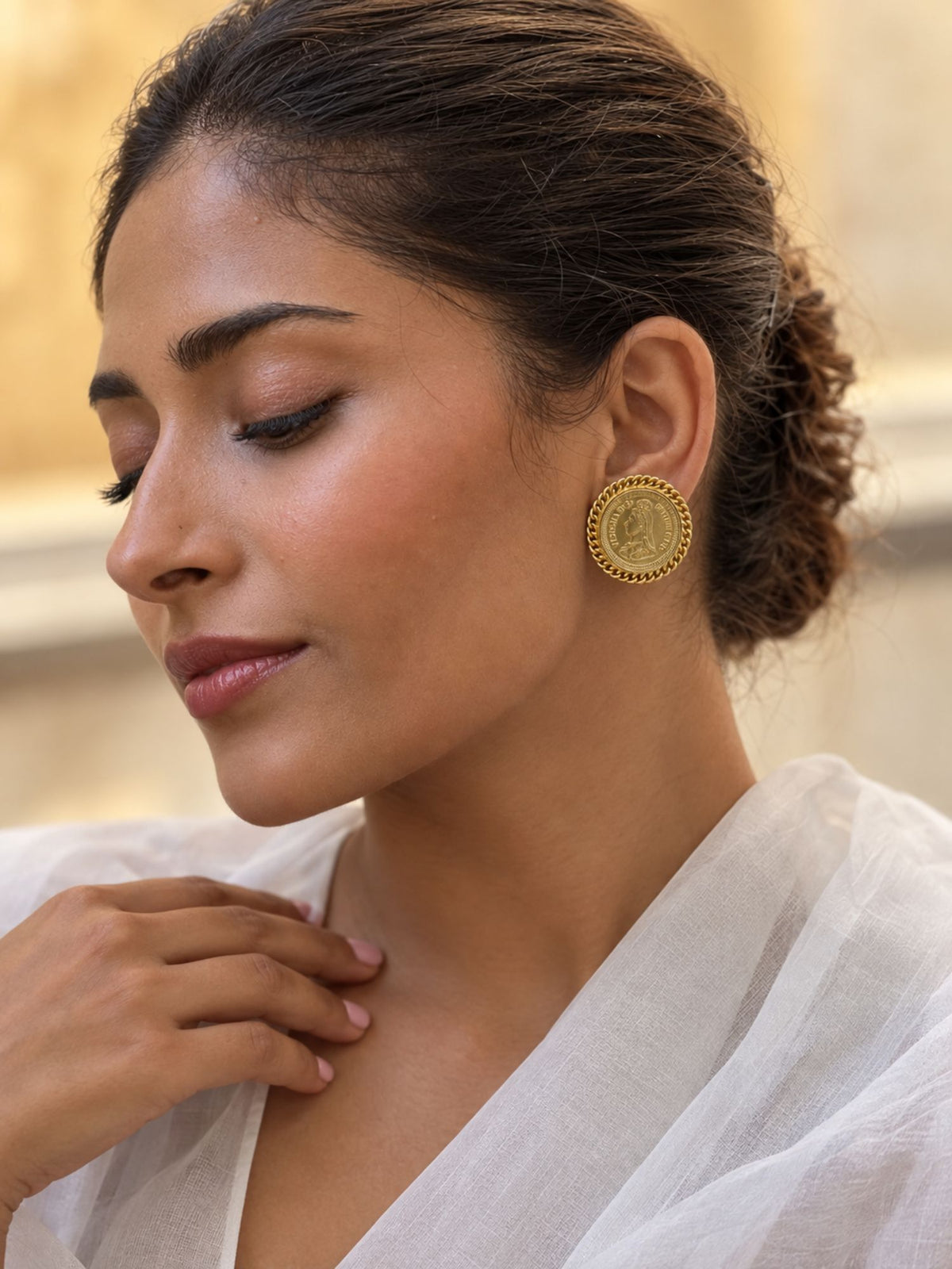 Gold Plated Victorian Coin Statement Stud Earrings for Women