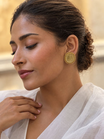 Gold Plated Victorian Coin Statement Stud Earrings for Women