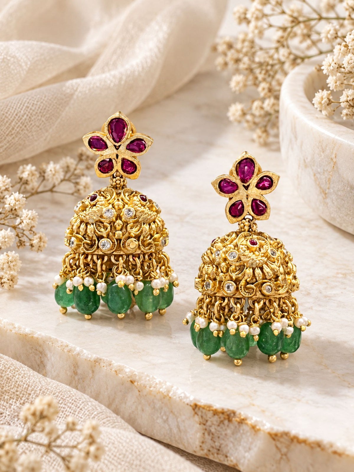 Antique Gold Plated Temple Lakshmi Ruby Green Bead Necklace Set | Abdesigns Jewellery