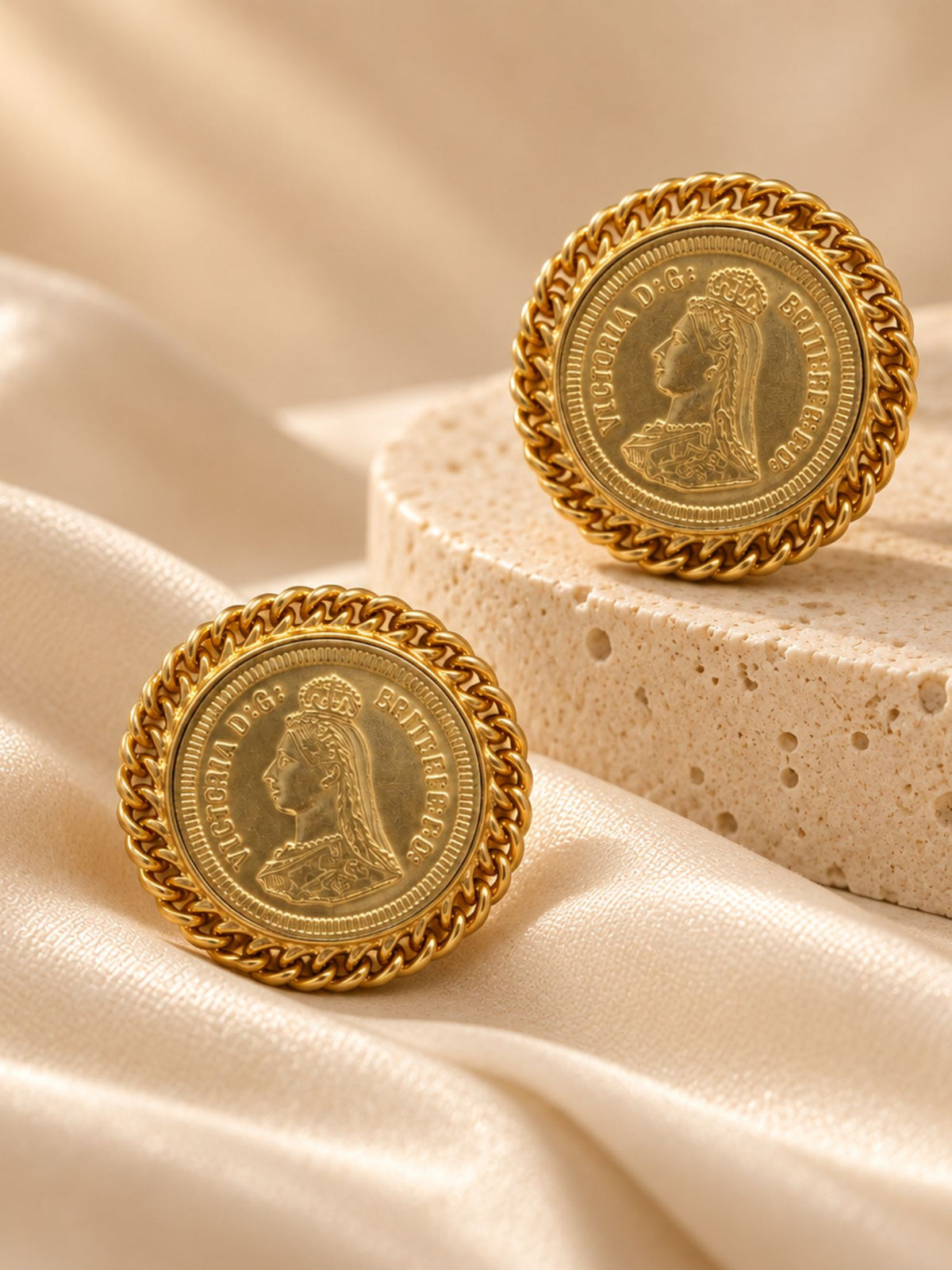Gold Plated Victorian Coin Statement Stud Earrings for Women