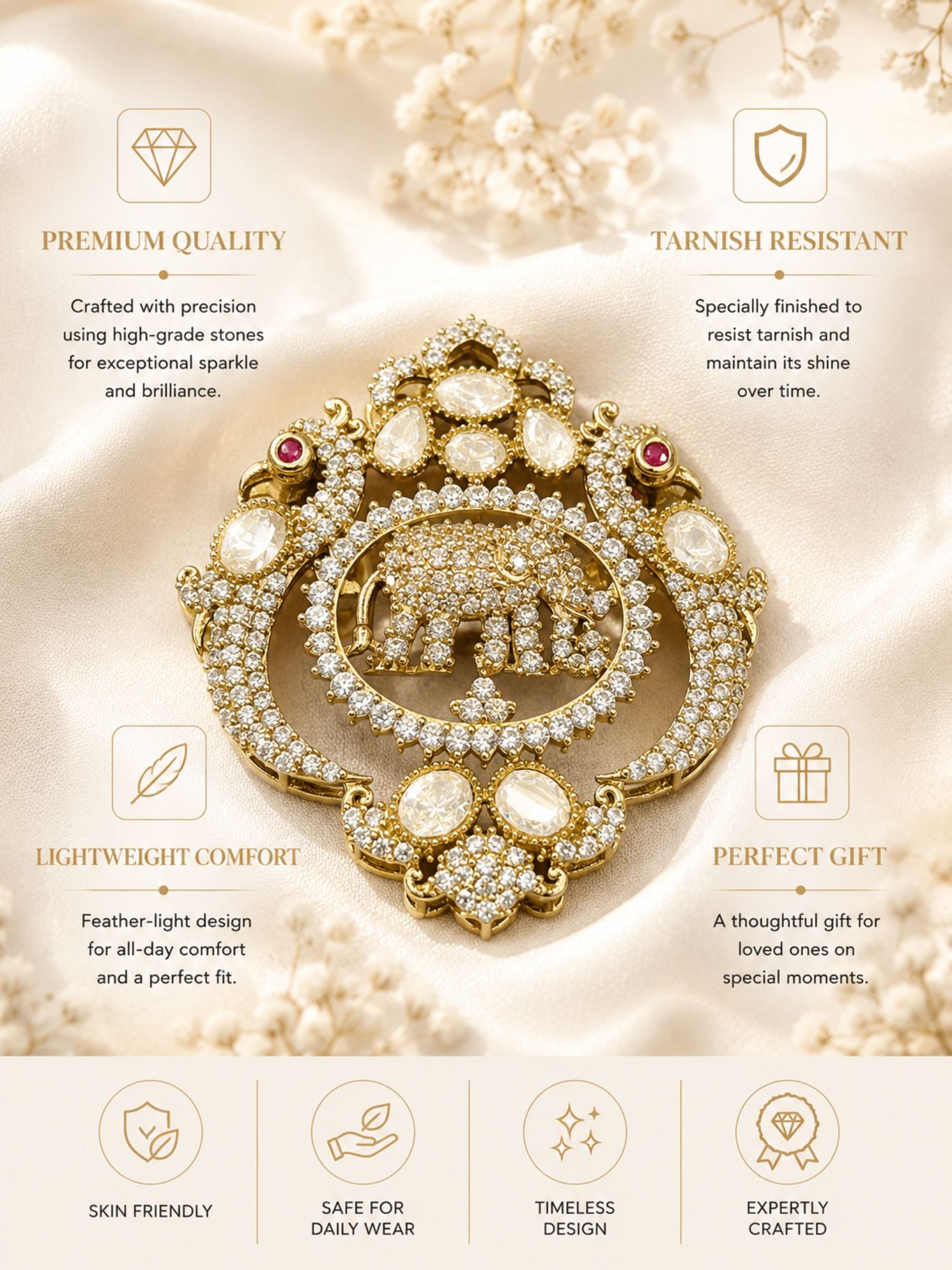Unisex Elephant Peacock Mehandi Plated Broocn Pin | Abdesigns Jewellery