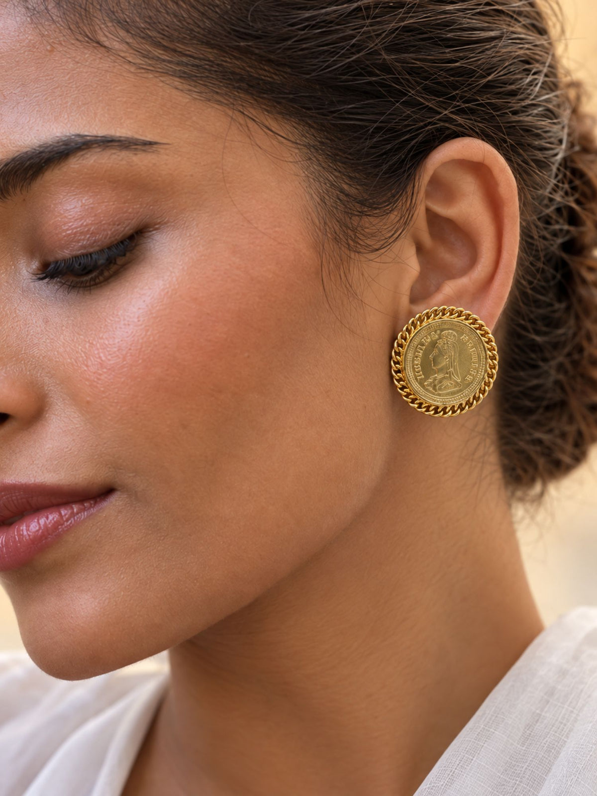 Gold Plated Victorian Coin Statement Stud Earrings for Women
