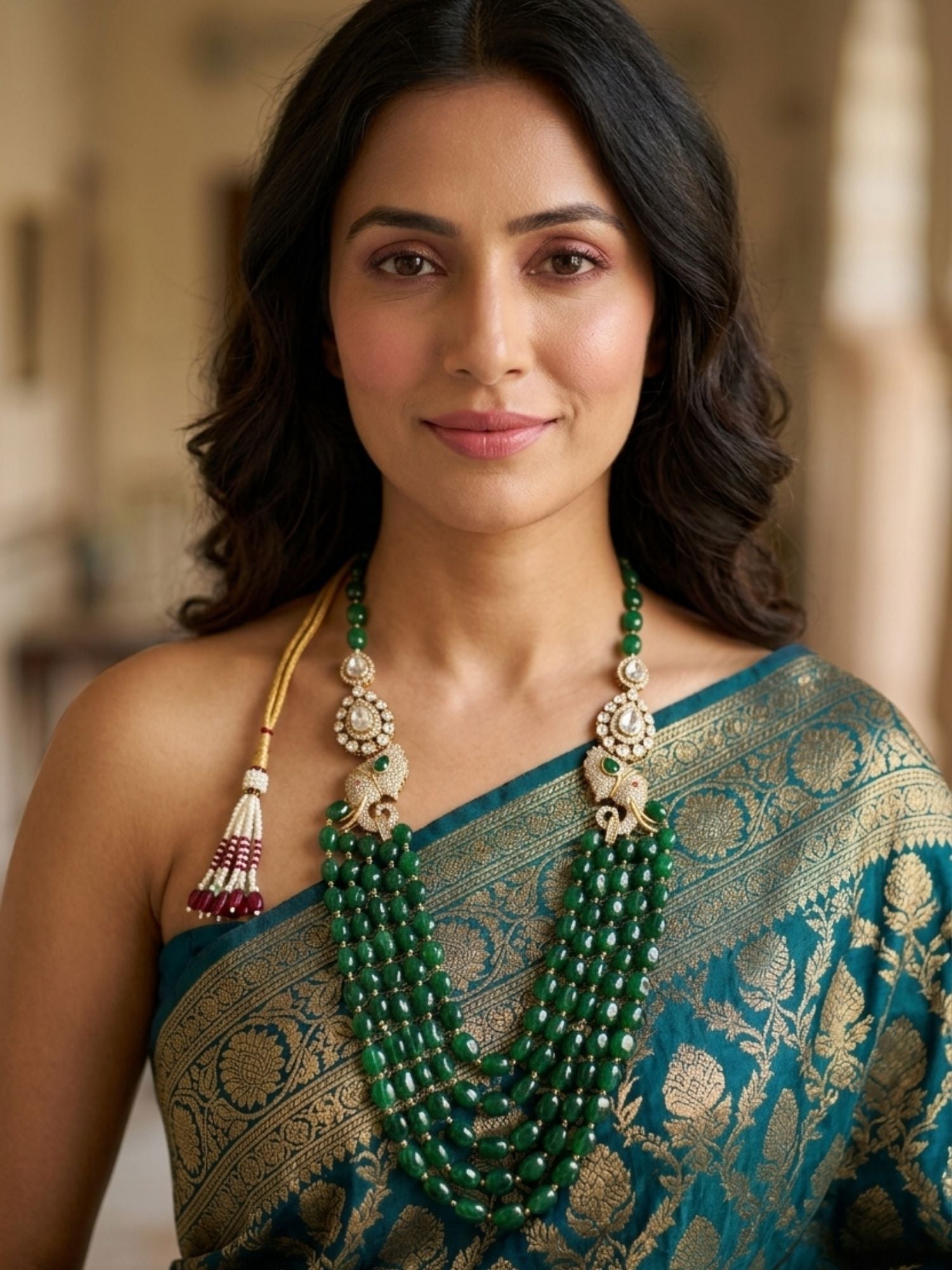 Abdesigns Emerald Green Beaded Polki Layered Necklace Set
