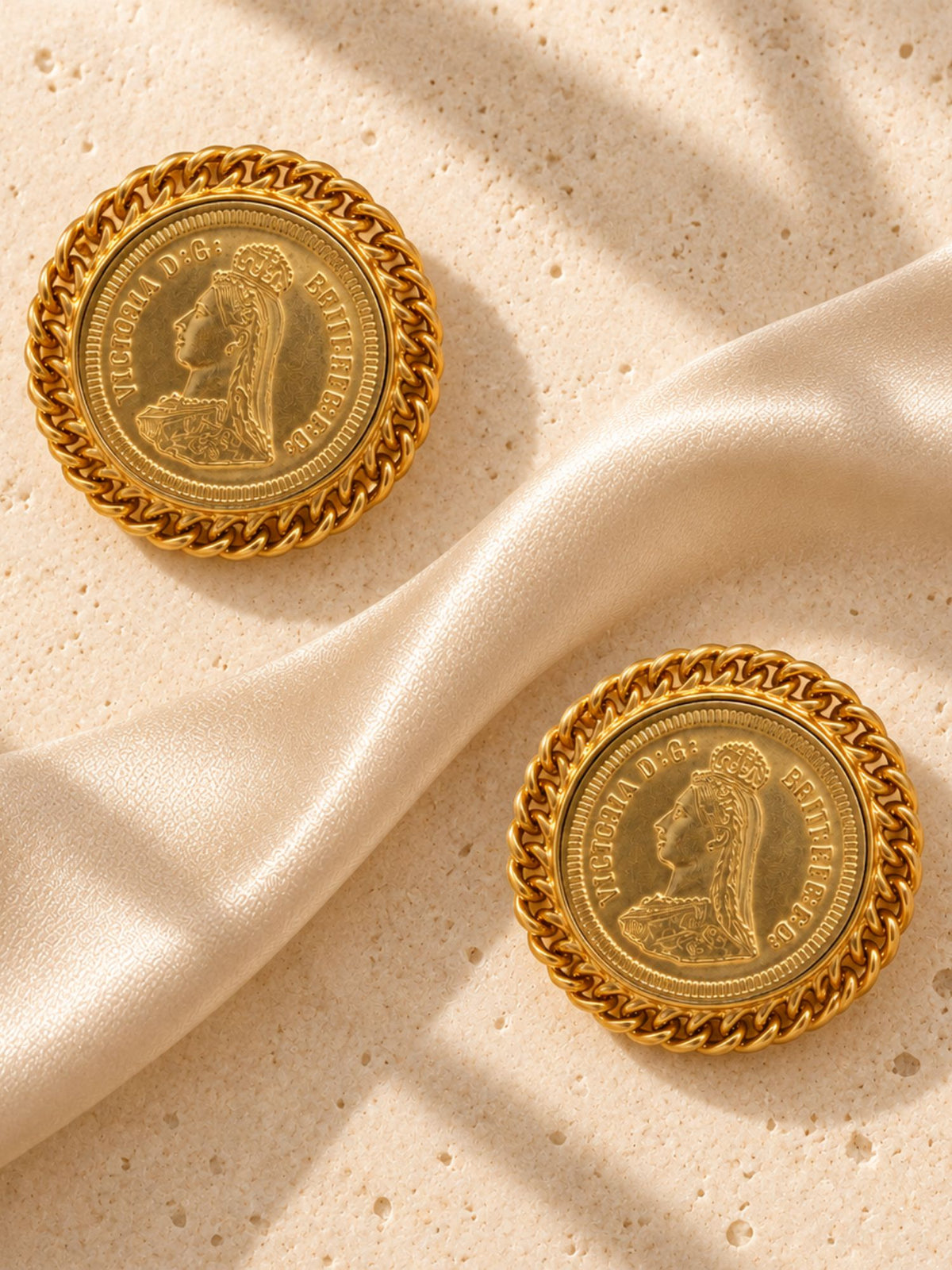Gold Plated Victorian Coin Statement Stud Earrings for Women