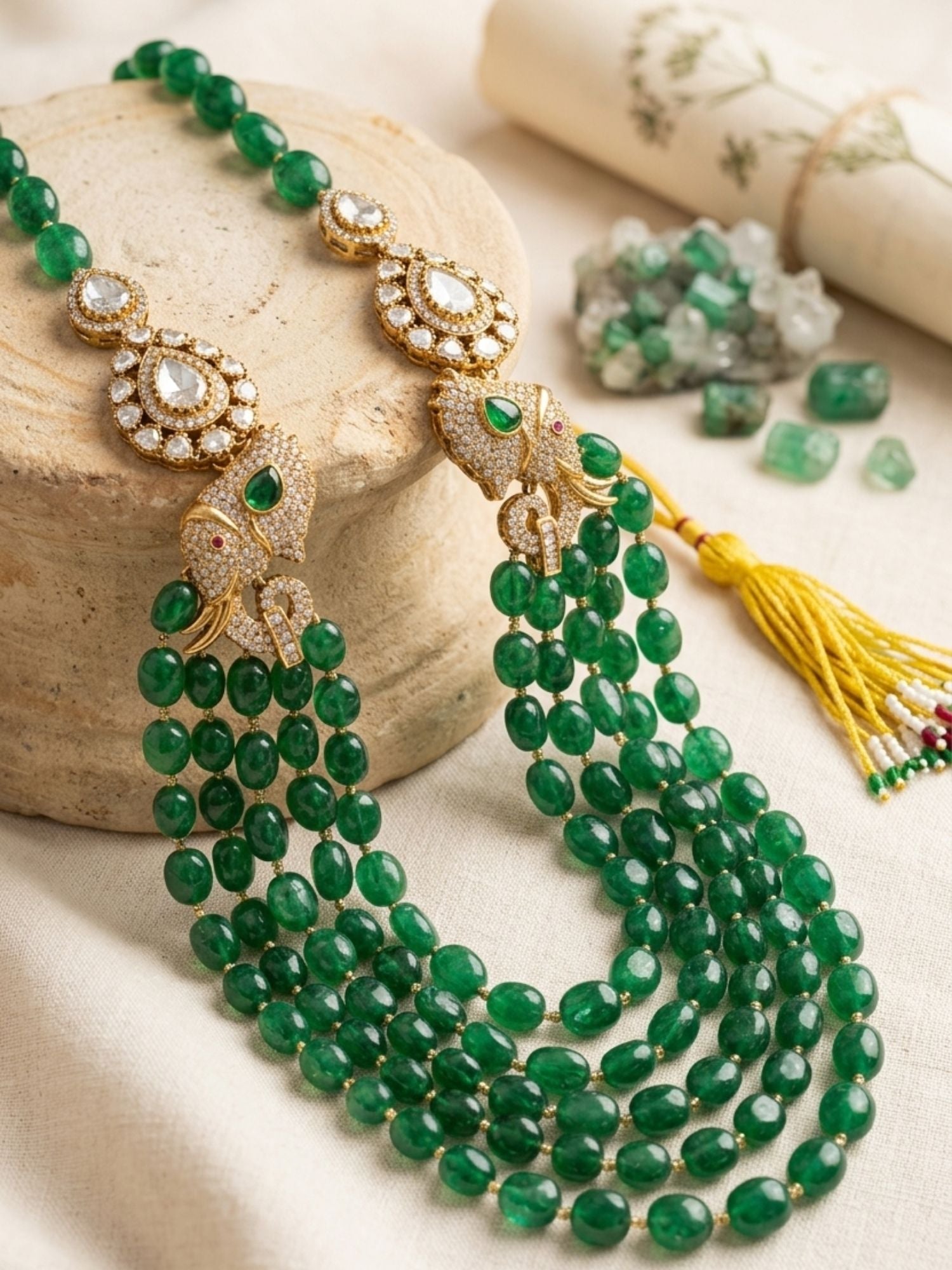 Abdesigns Emerald Green Beaded Polki Layered Necklace Set