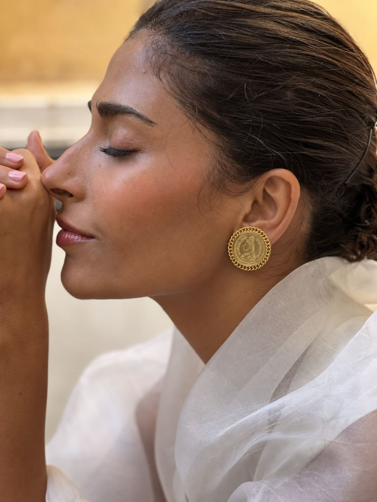 Gold Plated Victorian Coin Statement Stud Earrings for Women