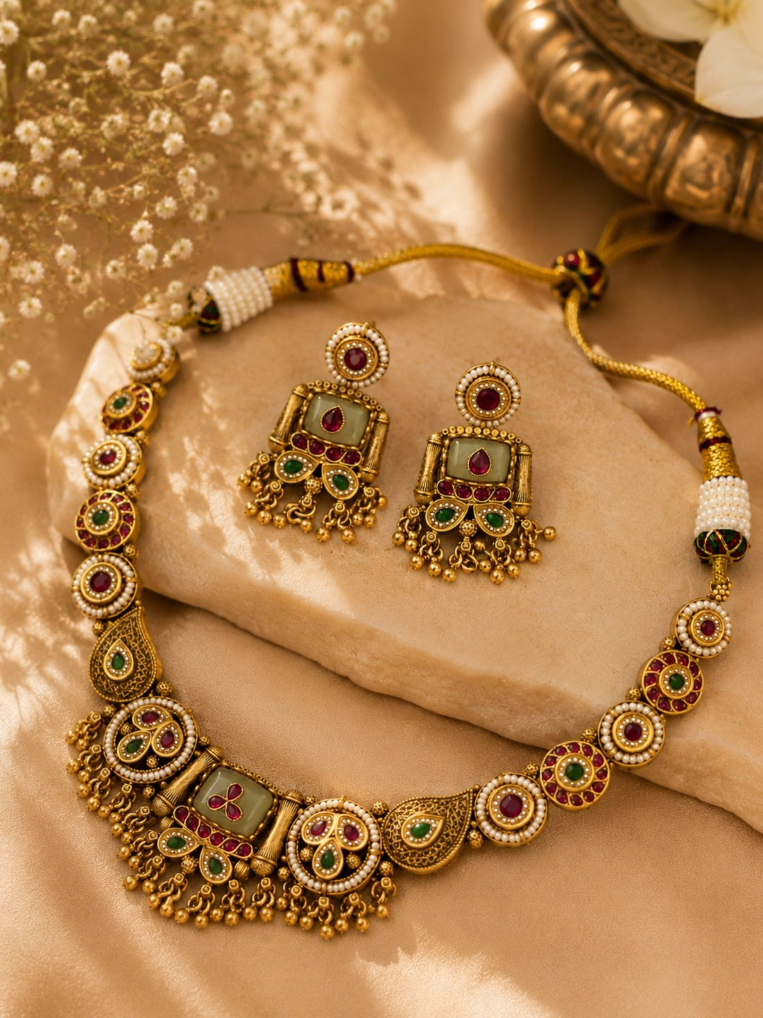 Green Kundan Necklace Set in Gold Plating – Bridal | Abdesigns