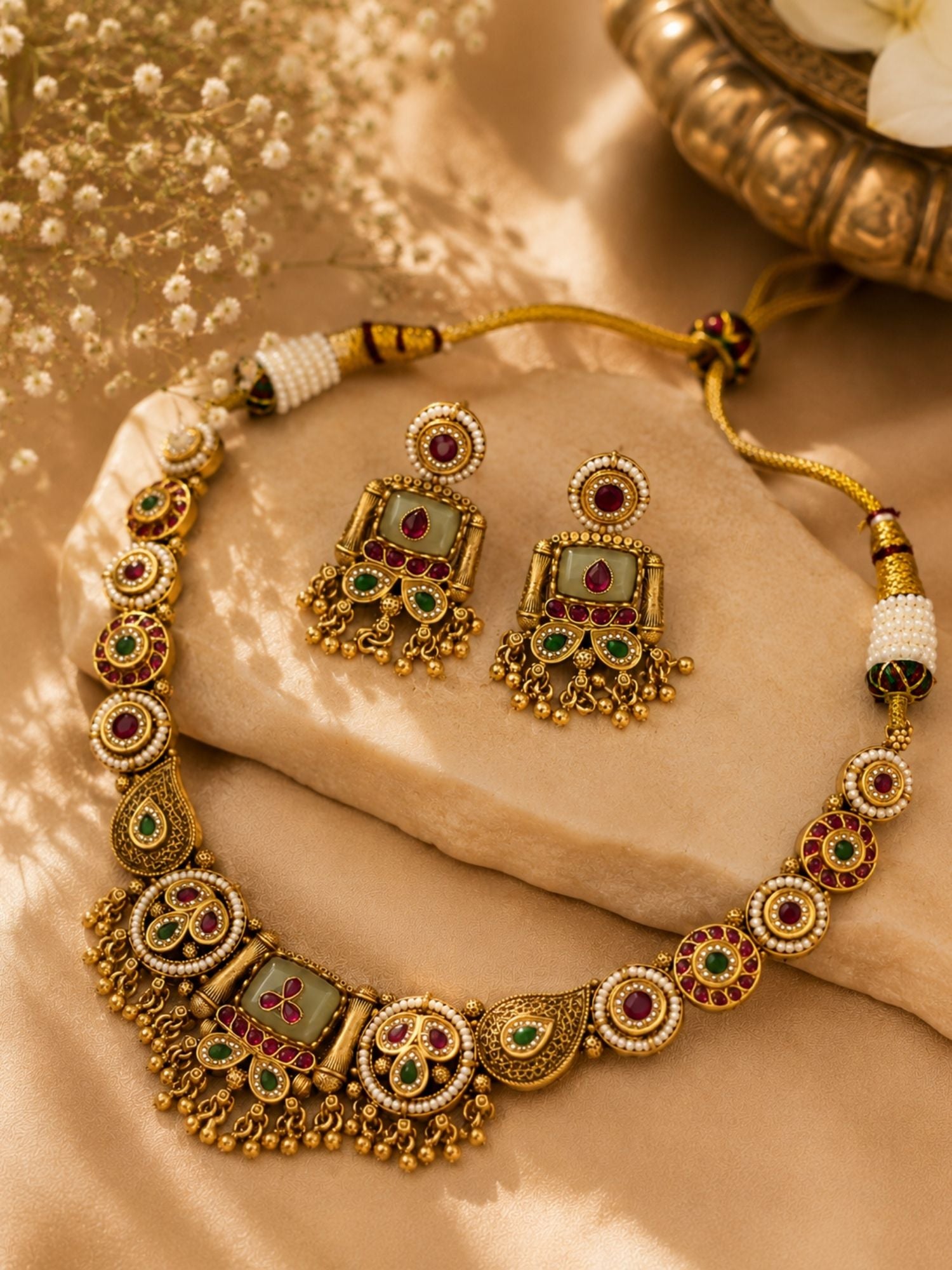 Green Kundan Necklace Set in Gold Plating – Bridal | Abdesigns