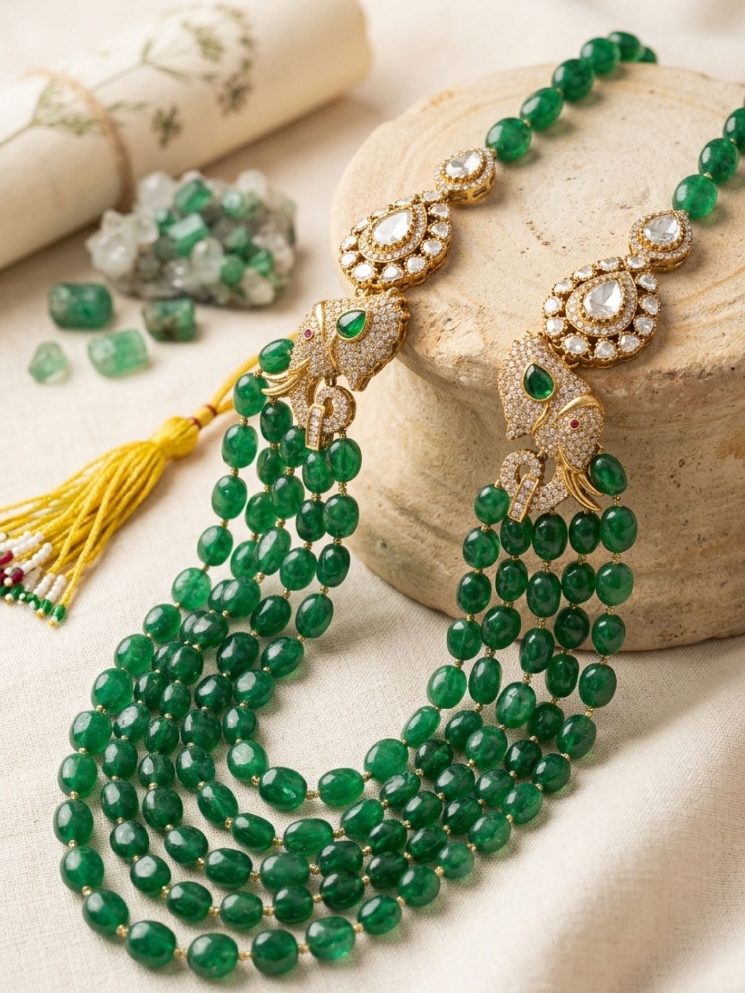 Abdesigns Emerald Green Beaded Polki Layered Necklace Set