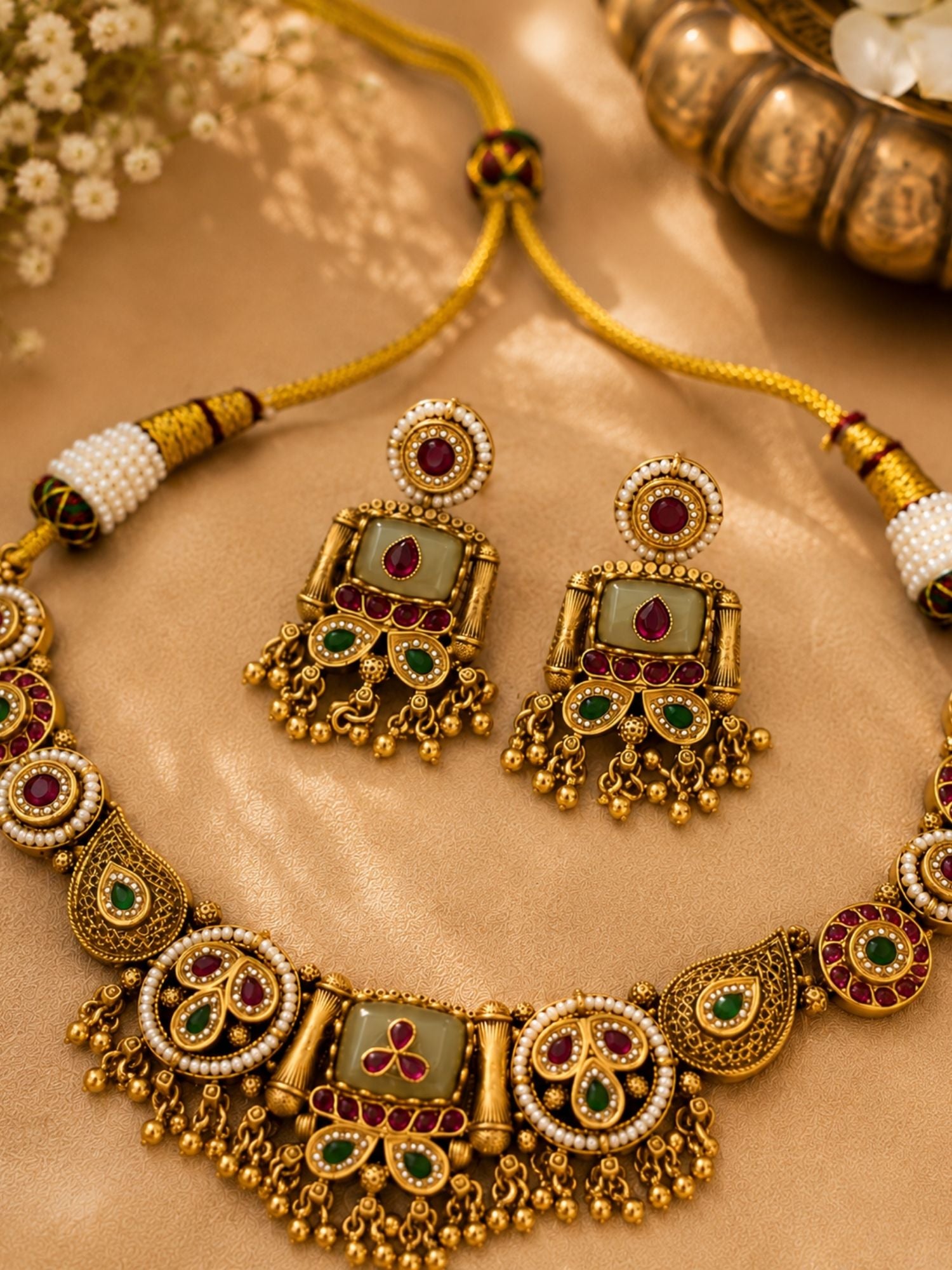 Green Kundan Necklace Set in Gold Plating – Bridal | Abdesigns