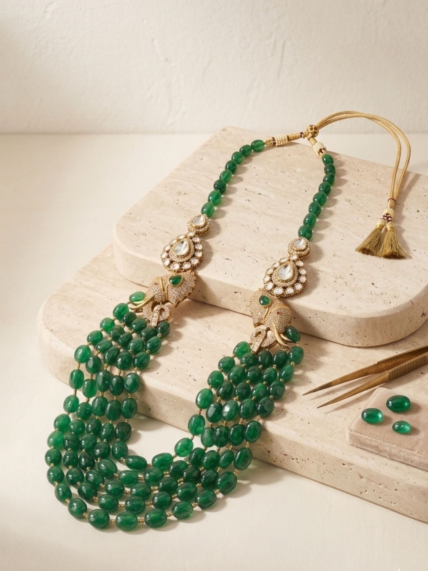 Abdesigns Emerald Green Beaded Polki Layered Necklace Set