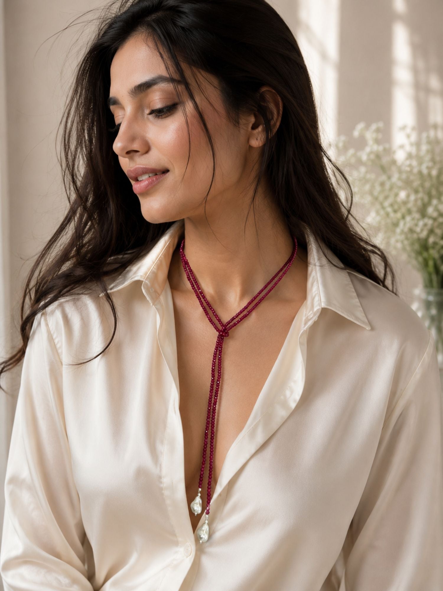 Beaded scarf necklace with pearl drops for women – view 4