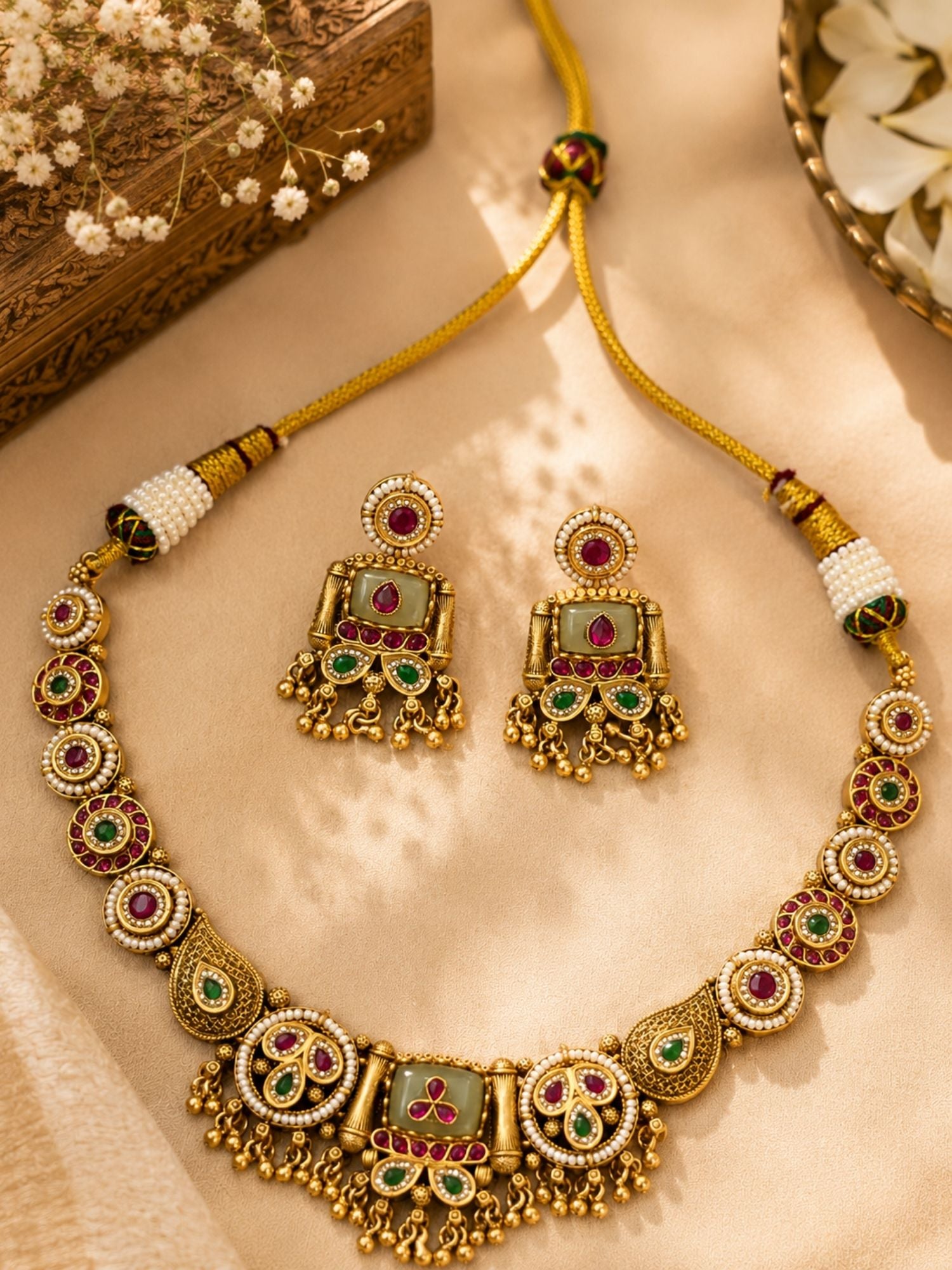 Green Kundan Necklace Set in Gold Plating – Bridal | Abdesigns