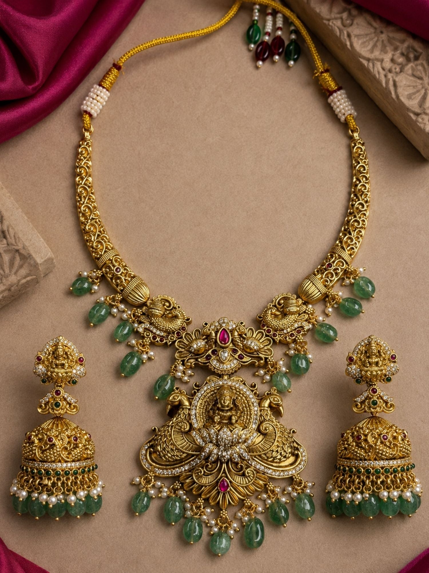 Abdesigns Temple Heritage Gold Necklace Set with Green Bead Drops