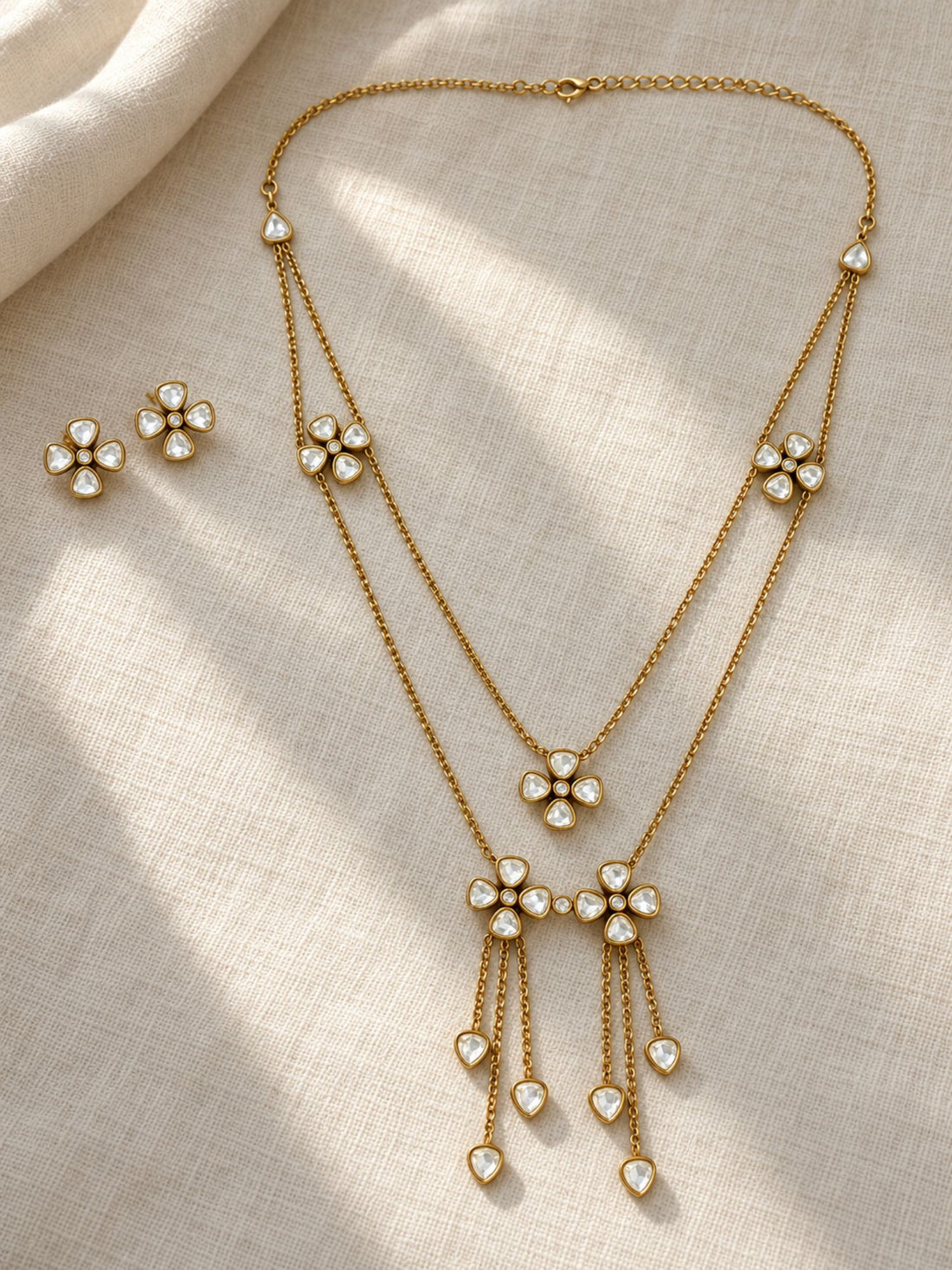 Gold Plated Kundan Floral Layered Necklace Set with Tassel Drops & Earrings for Women