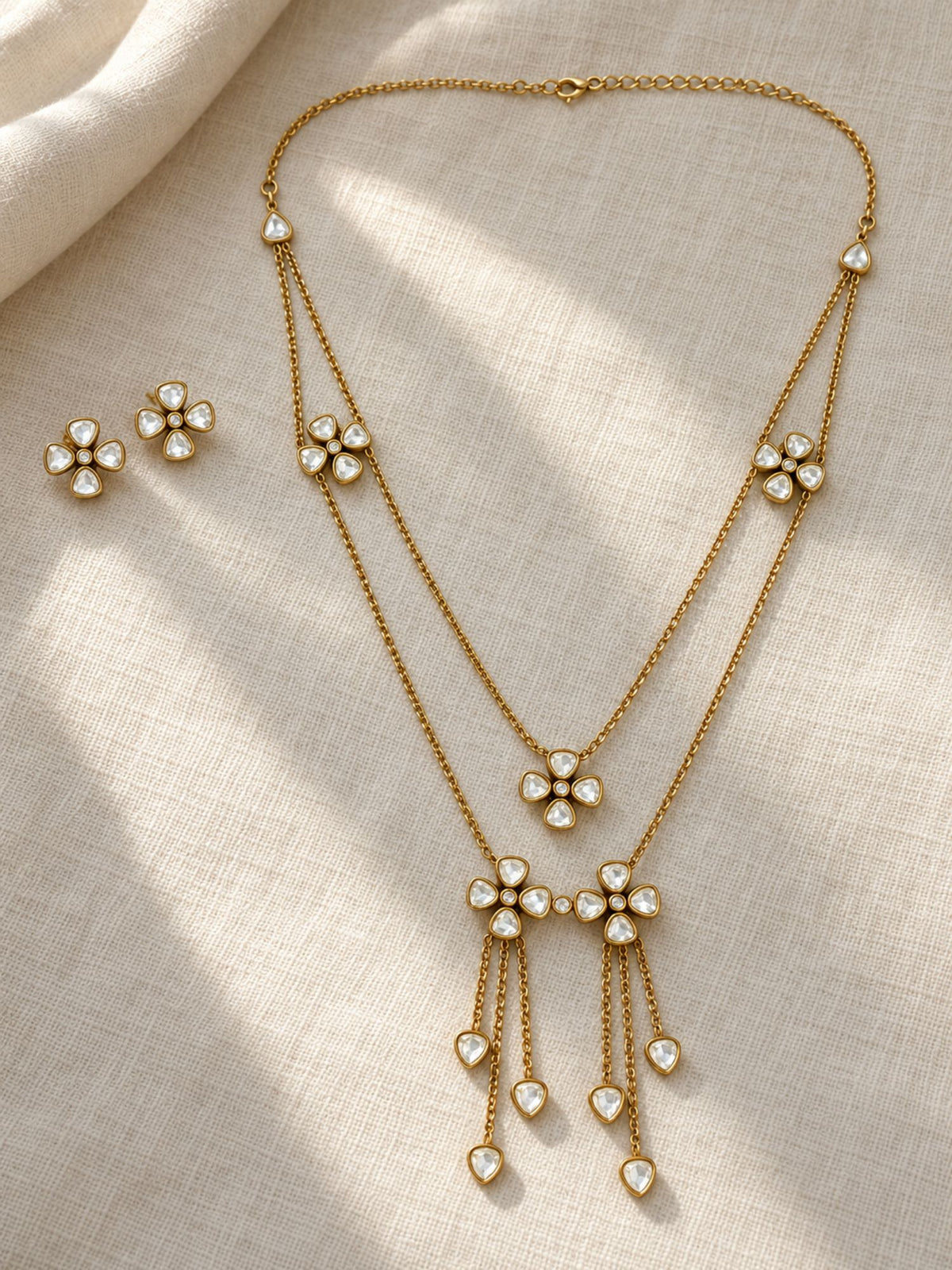 Gold Plated Kundan Floral Layered Necklace Set with Tassel Drops & Earrings for Women