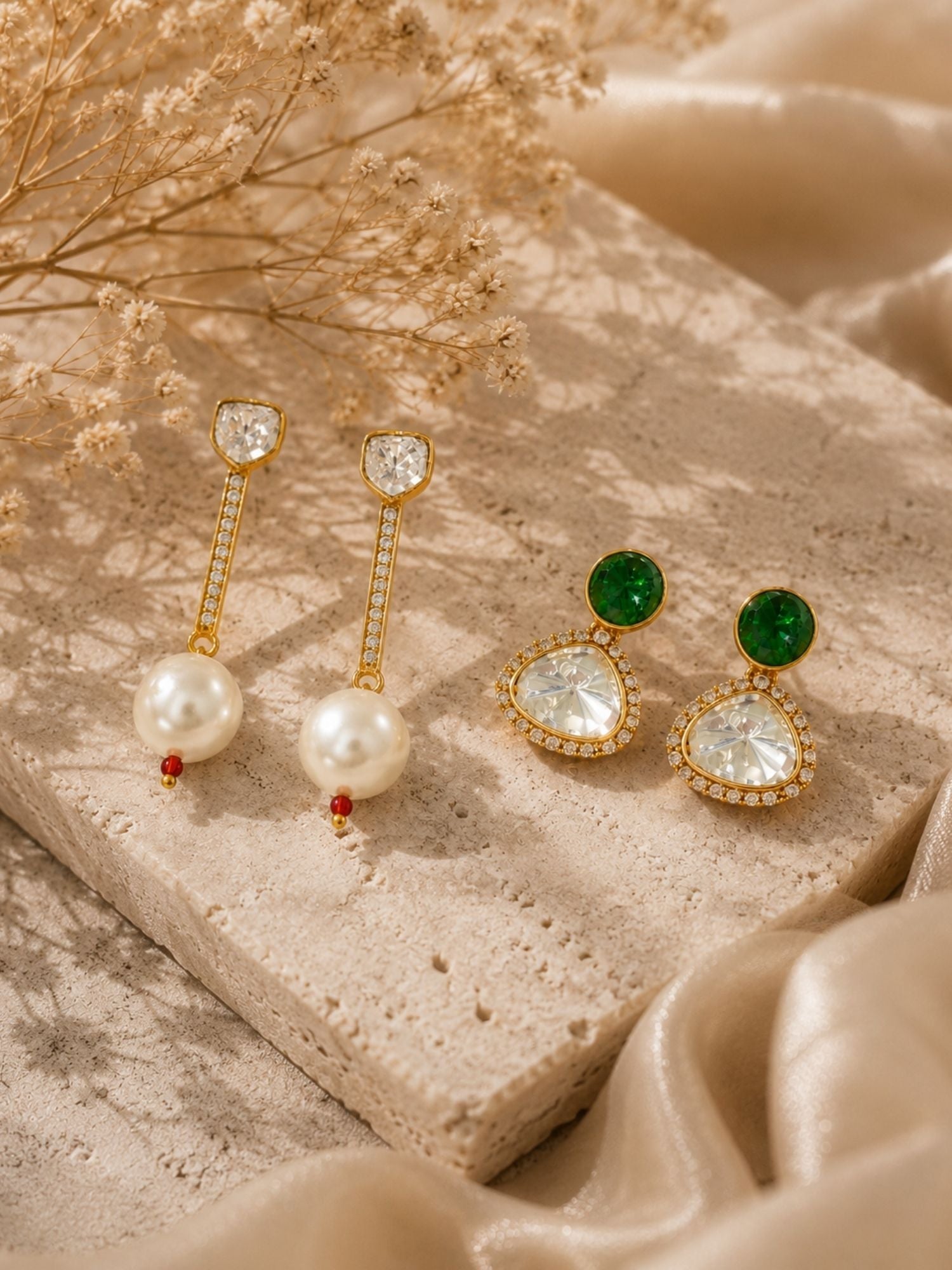 Combo Of Gold Plated Kundan Pearl & Green Stone Earrings