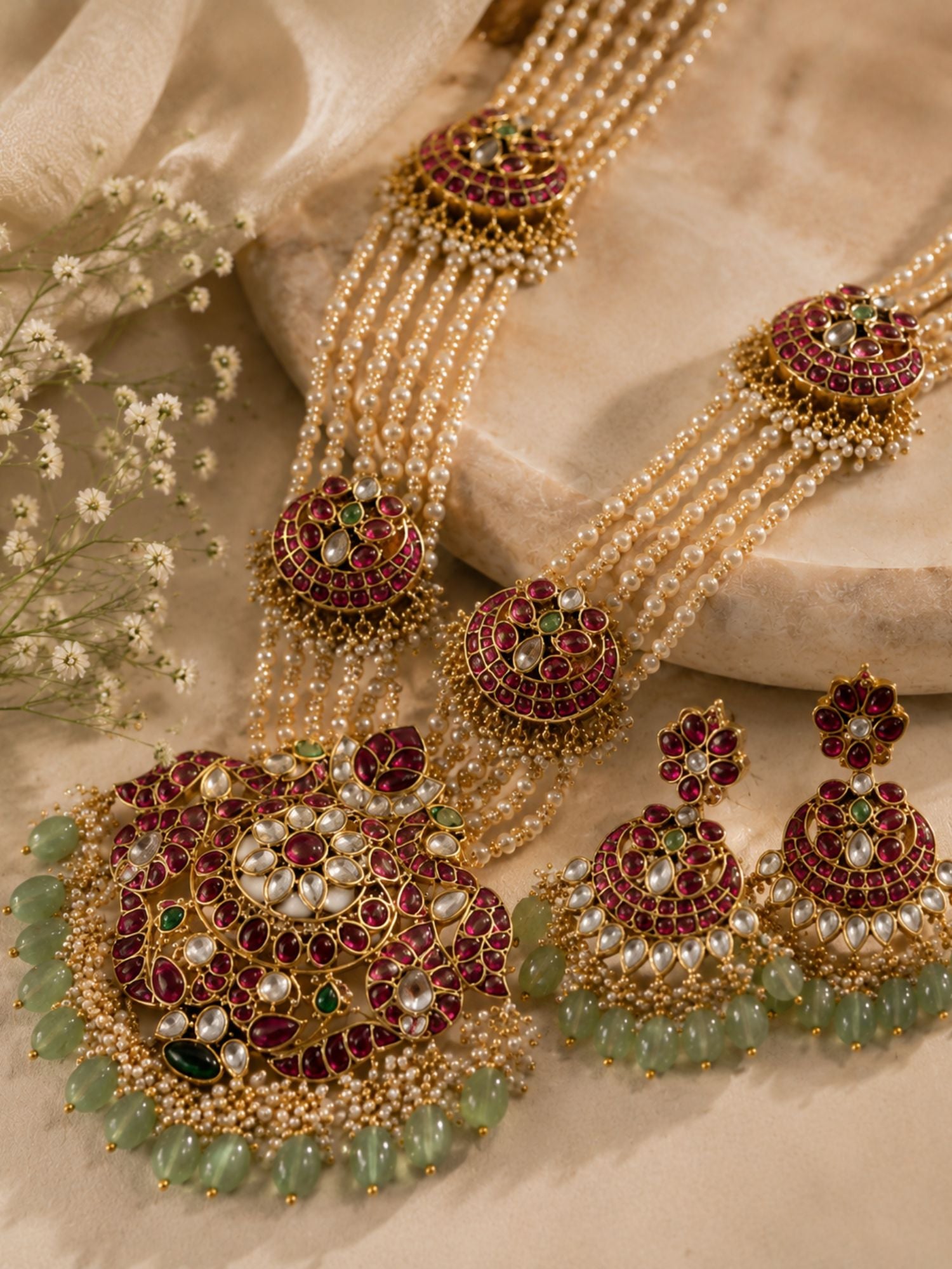 Abdesigns Royal Multi-Layer Pearl Kundan Necklace Set with Pink Stone Pendant
