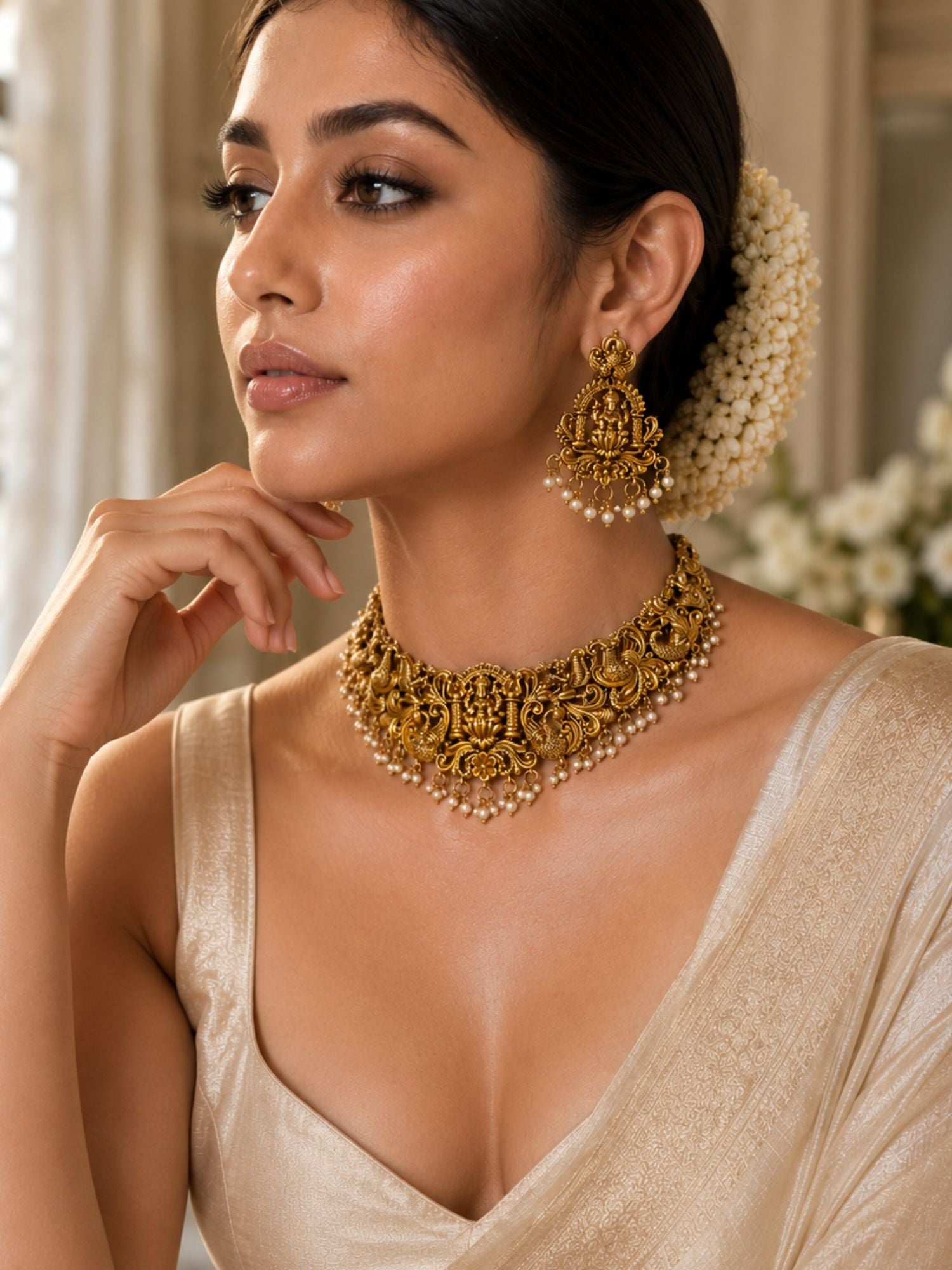 Lakshmi Temple Necklace Set in Gold Plating | Abdesigns