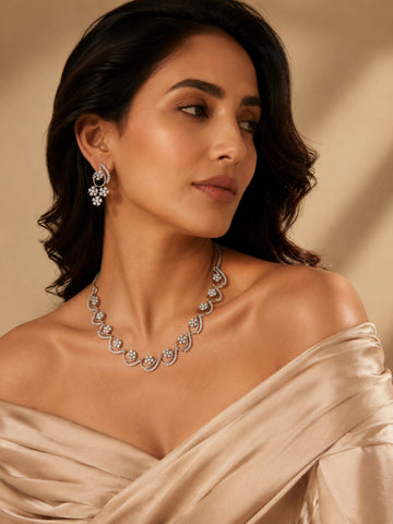 Floral American Diamond Necklace Set with Earrings – Gold, Rose Gold & Silver Plated | Abdesigns