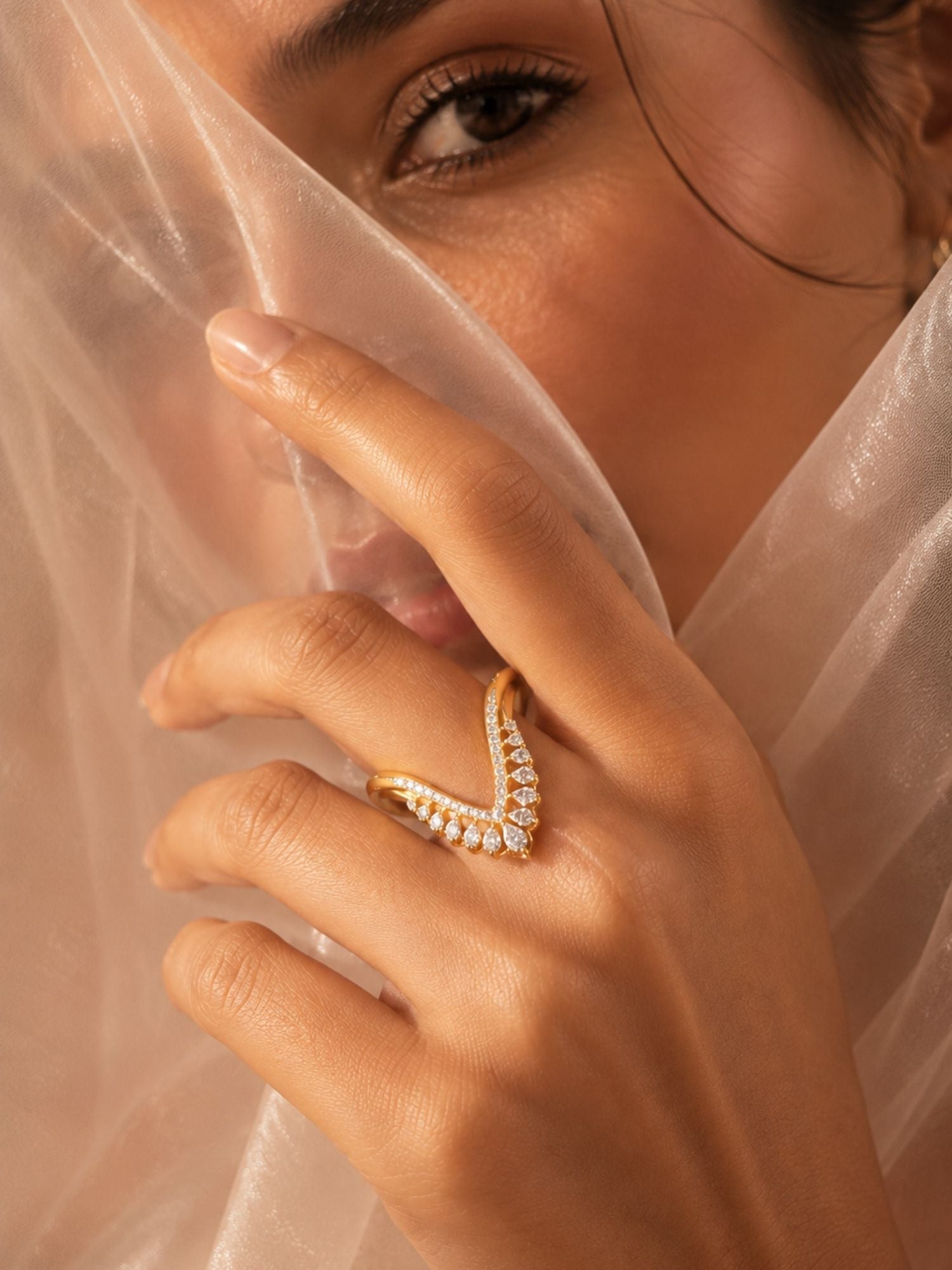 Sterling Silver V-Shaped AD Statement Ring for Women – front view