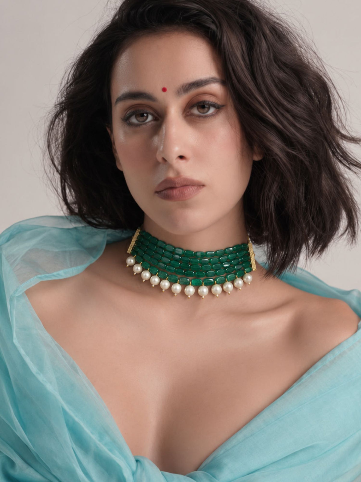 Gold Plated Green Beaded Pearl Multi-Layer Choker Necklace for Women