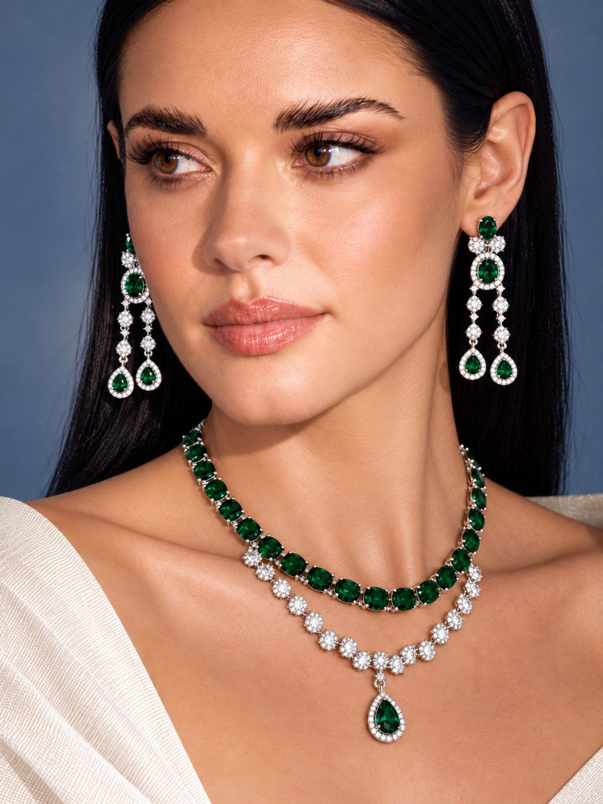Emerald Unique American Diamond Necklace Set