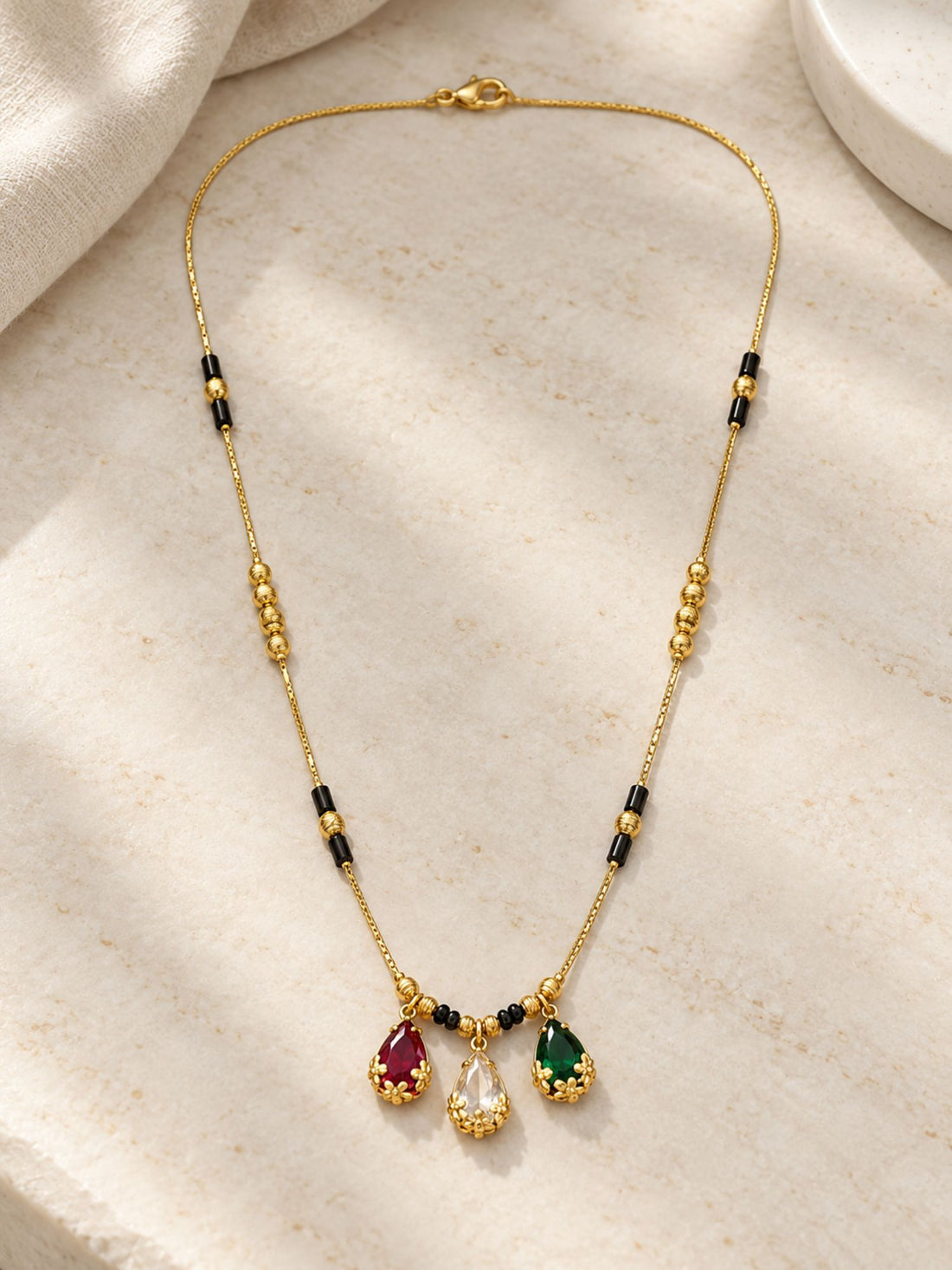 Gold Plated Multicolor Teardrop Black Bead Mangalsutra Necklace for Women