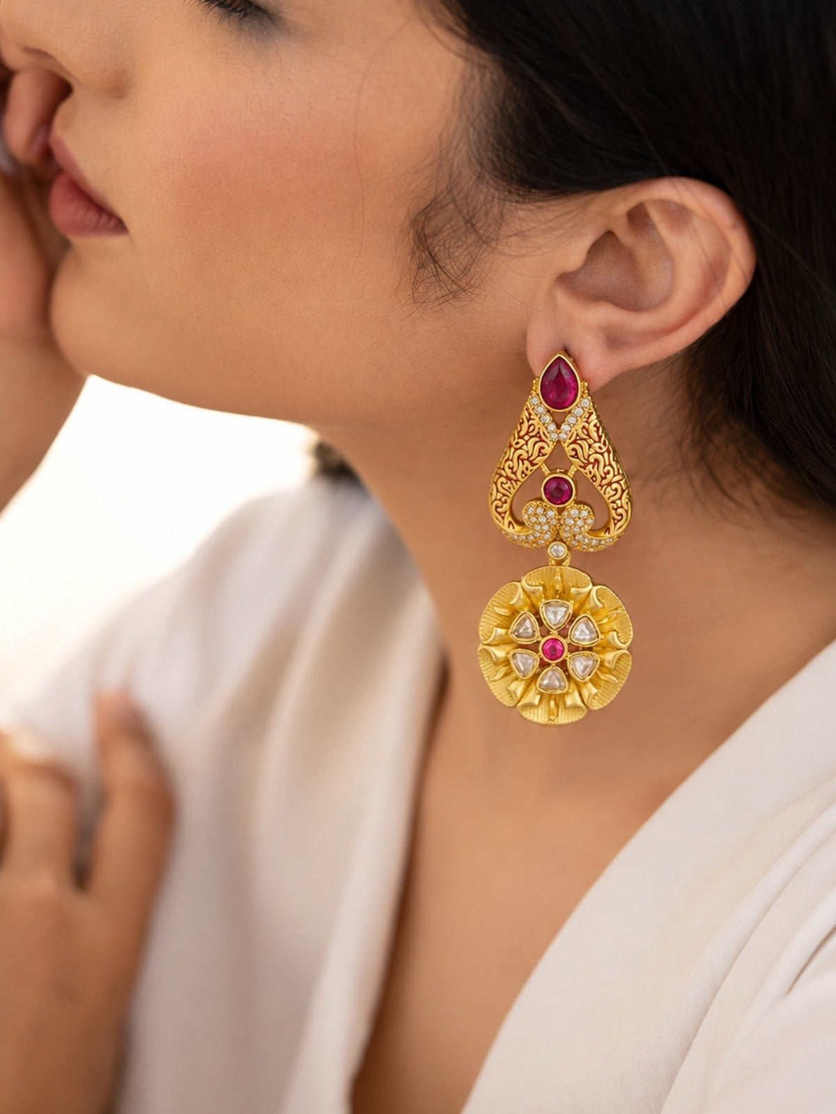 Red Meenakari Kundan Floral Statement Earrings | Abdesigns Jewellery