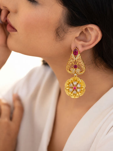 Red Meenakari Kundan Floral Statement Earrings | Abdesigns Jewellery