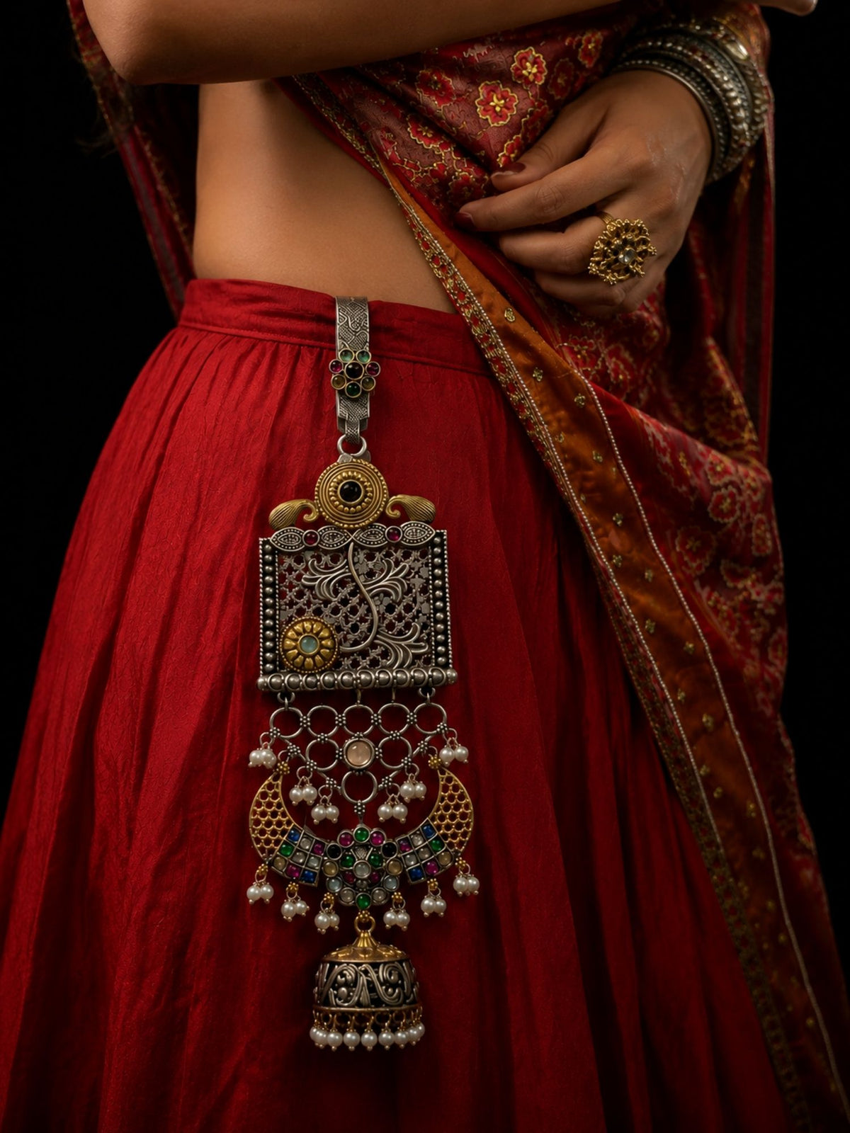 Dual Tone Jhumka Saree Juda Pin with Multicolour Stones & Pearls