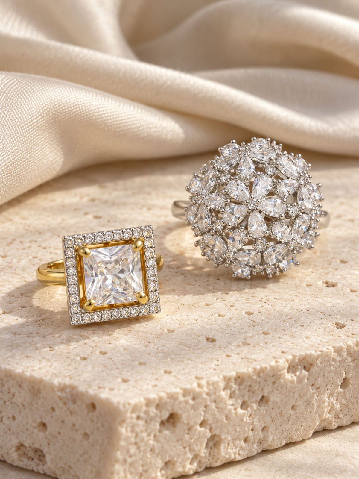 Set of 2 Dual Tone Silver & Gold Plated AD Stone Floral & Square Statement Rings for Women