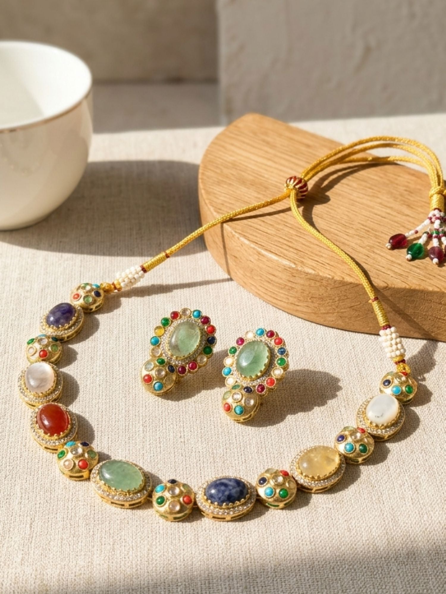 Abdesigns Navratna Kundan Necklace Set with Earrings