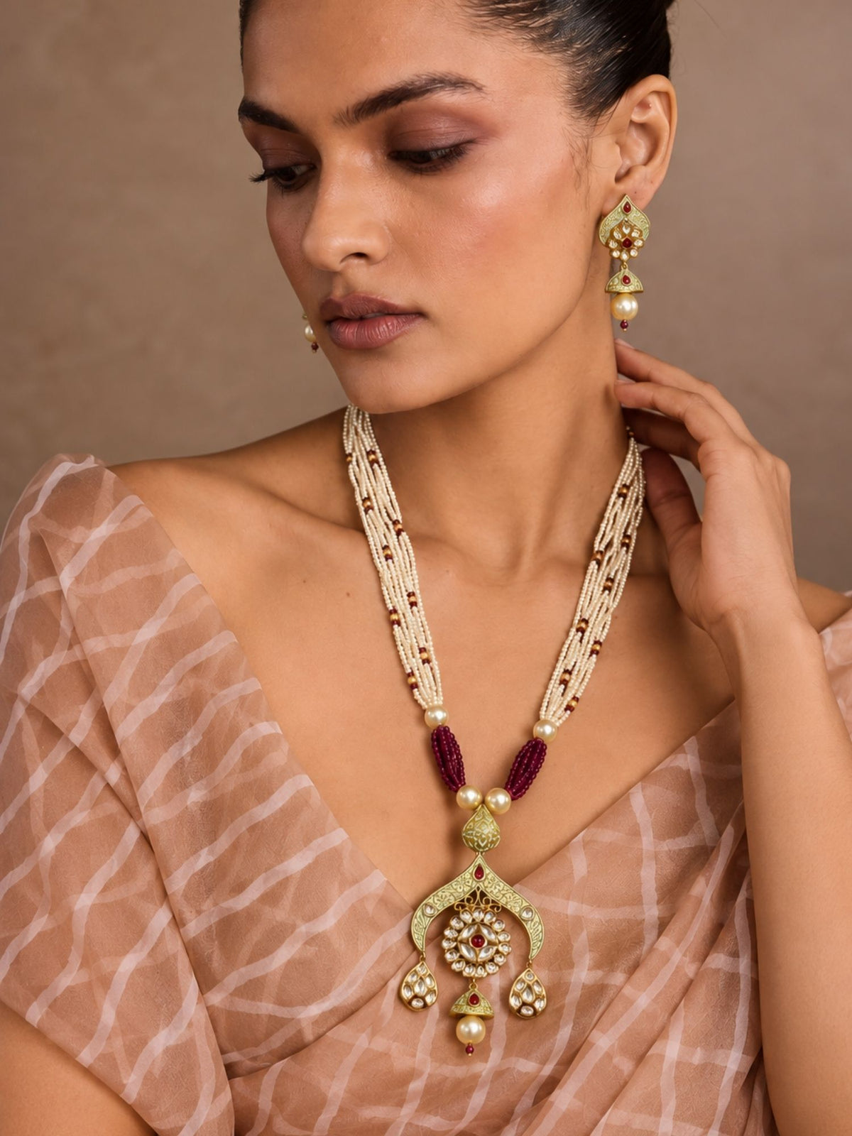 Meenakari Kundan Pearl Long Mala Necklace Set in Green & Pink