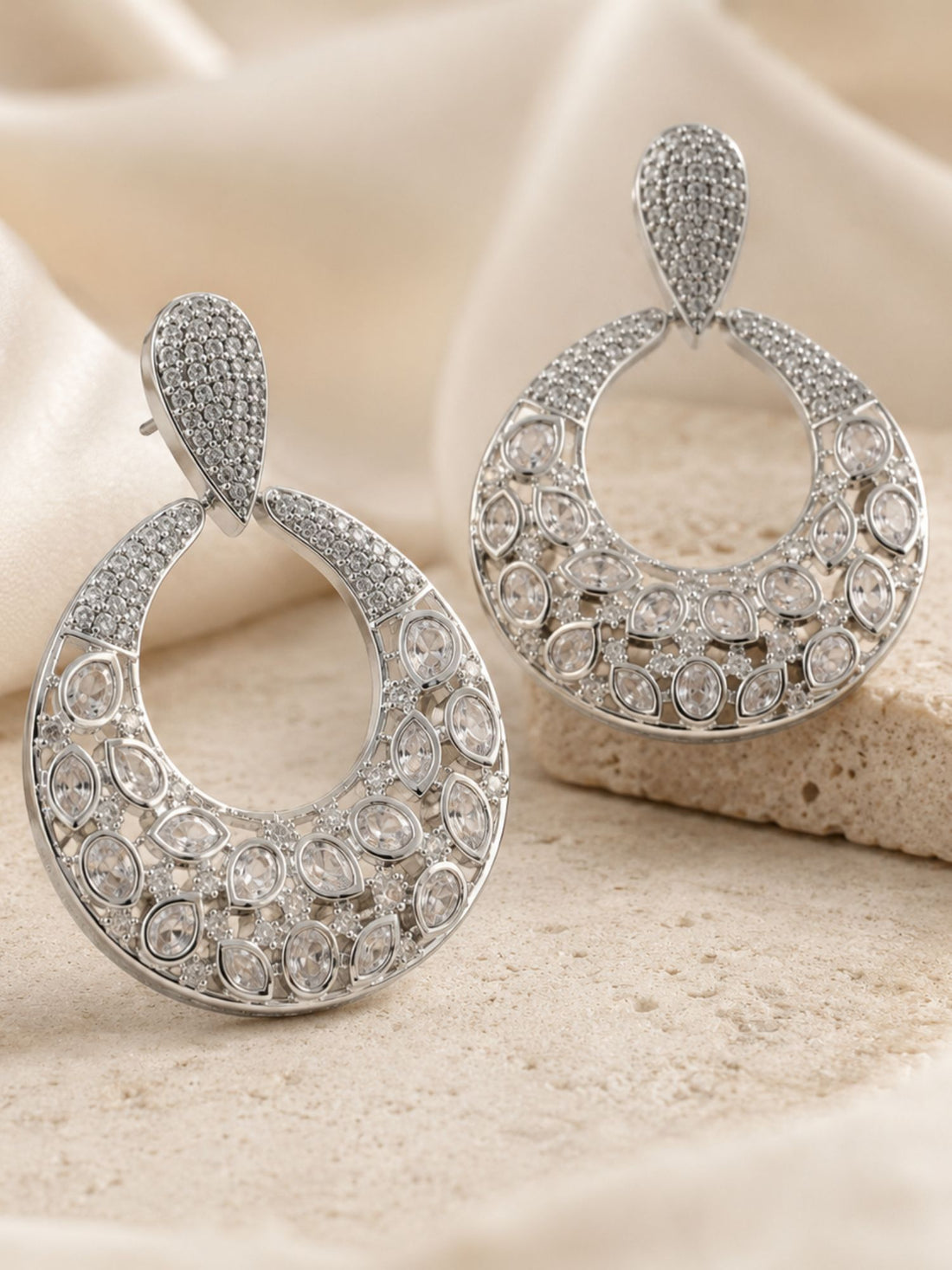 Silver Plated Kundan Crescent Statement Earrings for Women