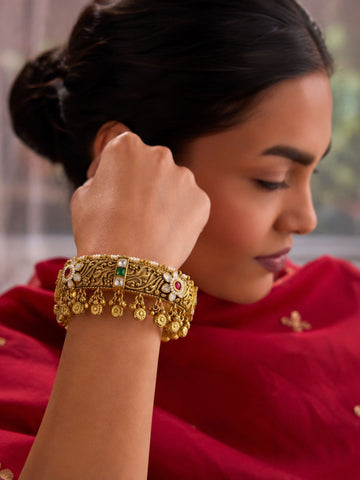Antique Gold Ahmedabadi Jadau Kundan Ghungroo Bangles – Bridal | Abdesigns