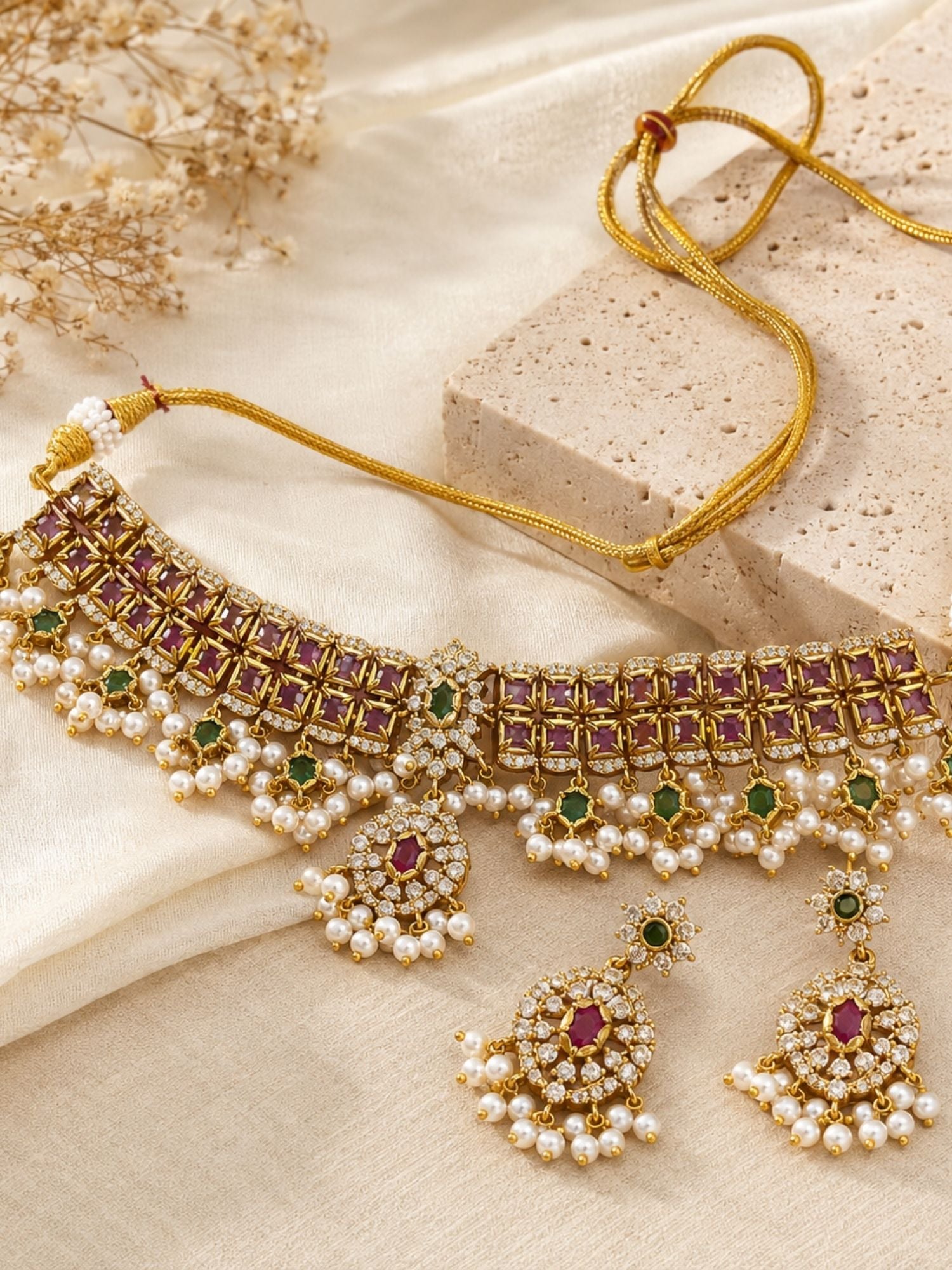 Antique Gold Plated Pink & Green Kundan Pearl Choker Necklace Set with Earrings