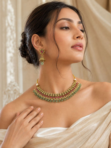 Temple Choker Necklace Set in Gold Plating – Bridal | Abdesigns