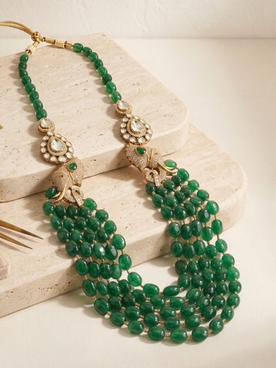 Abdesigns Emerald Green Beaded Polki Layered Necklace Set