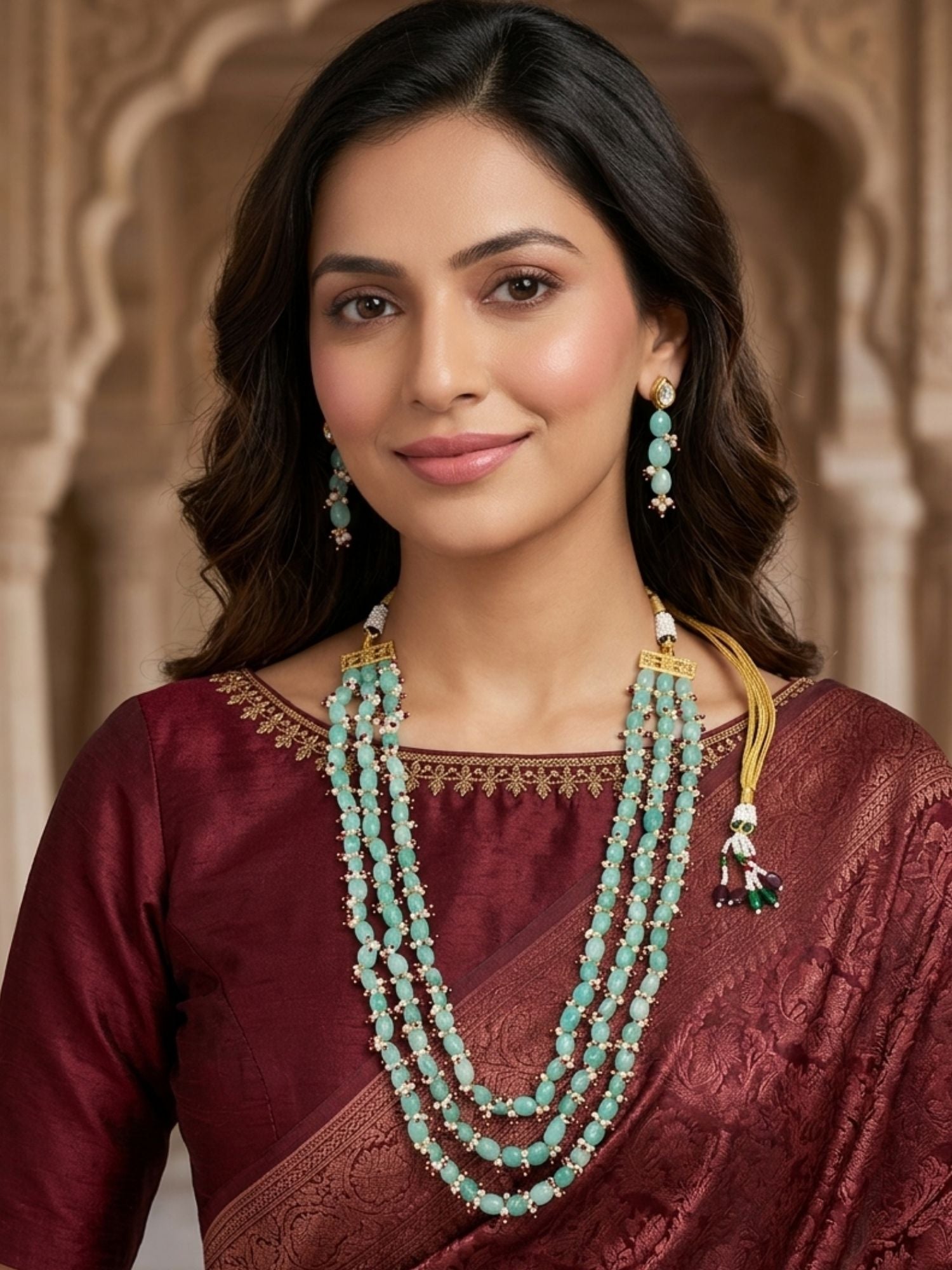 Abdesigns Aqua Green Beaded Multilayer Necklace Set with Pearl & Ruby Accents