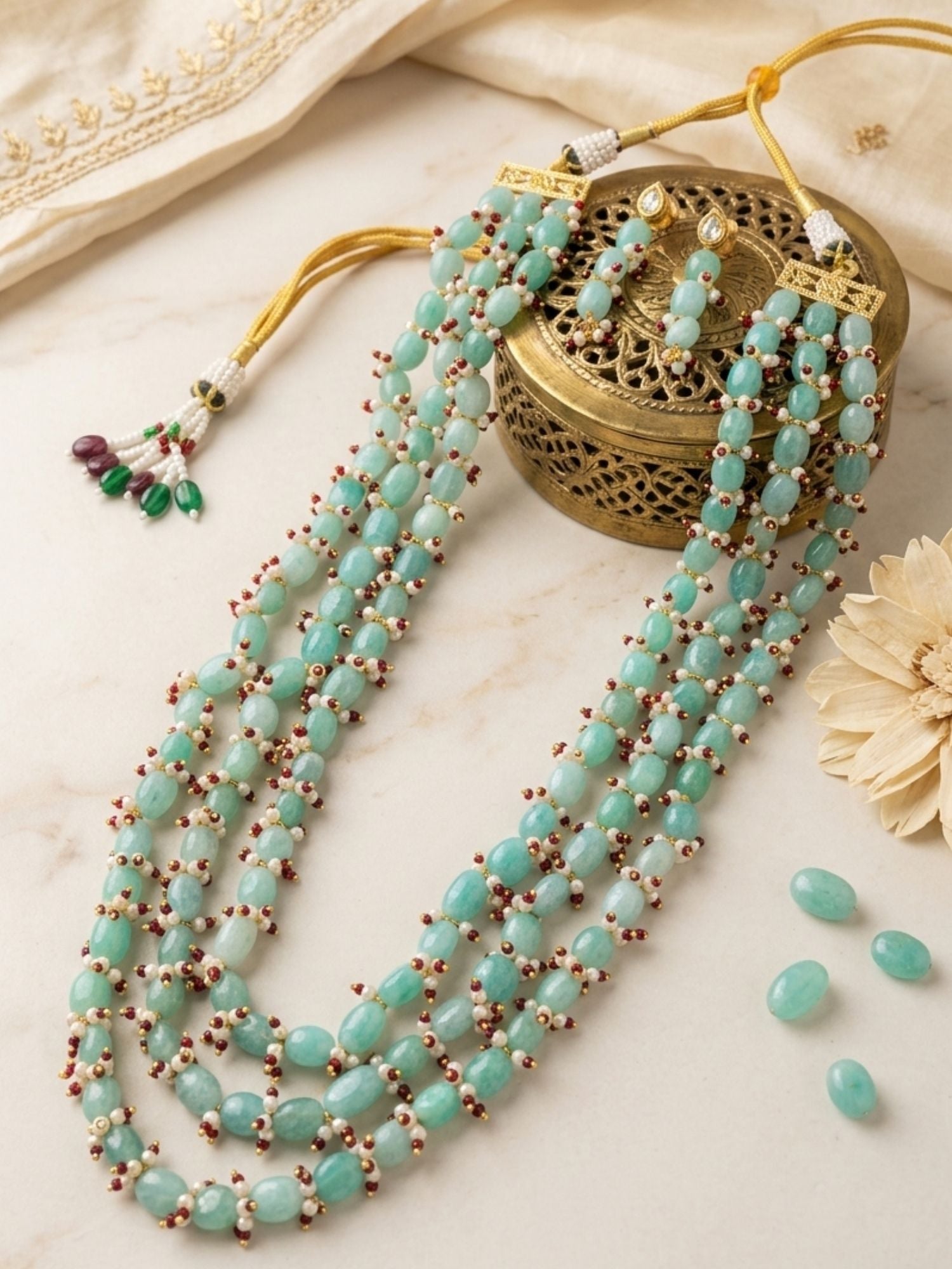 Abdesigns Aqua Green Beaded Multilayer Necklace Set with Pearl & Ruby Accents