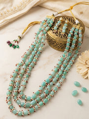 Abdesigns Aqua Green Beaded Multilayer Necklace Set with Pearl & Ruby Accents