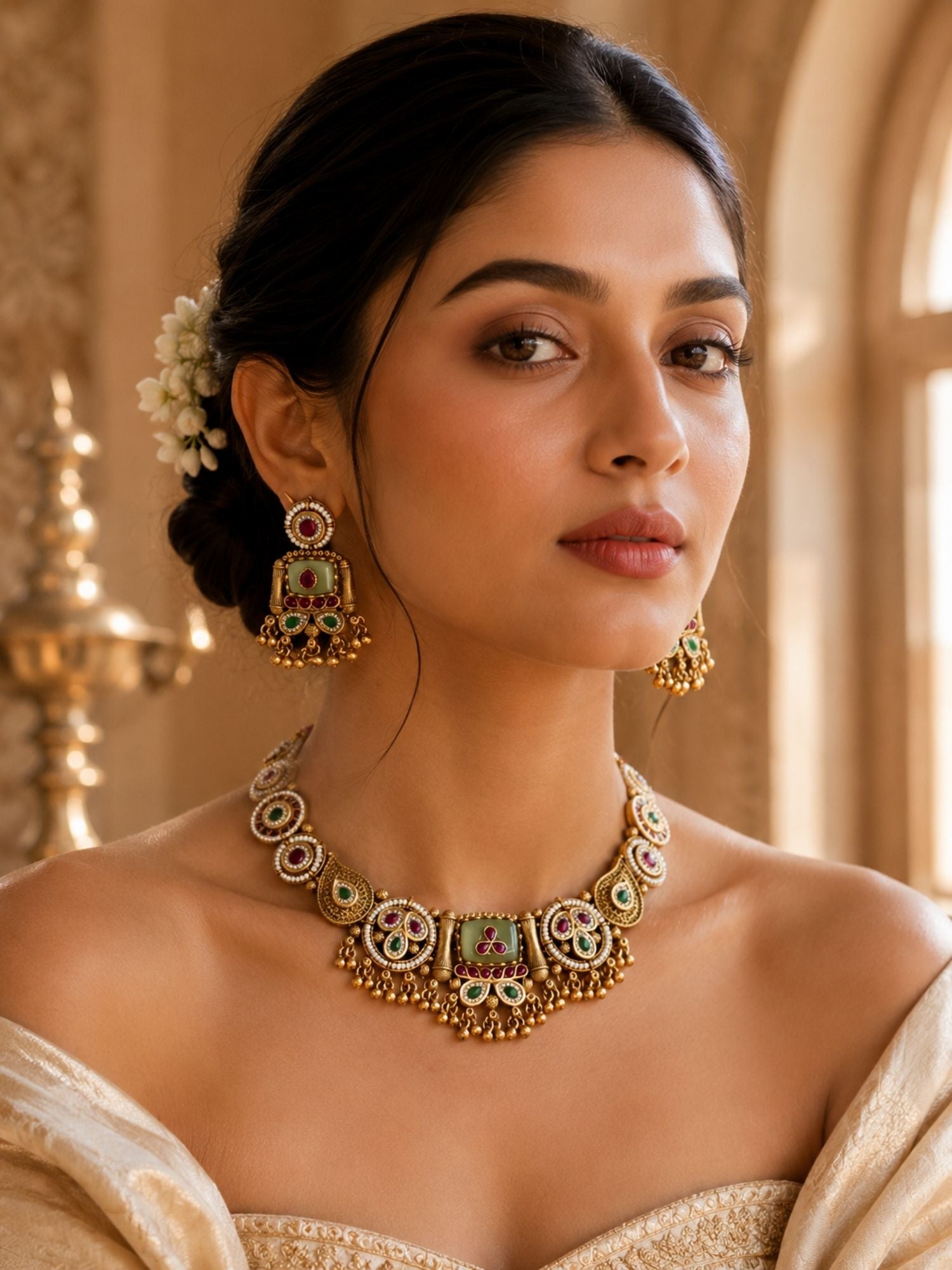 Green Kundan Necklace Set in Gold Plating – Bridal | Abdesigns