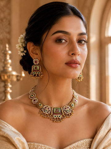 Green Kundan Necklace Set in Gold Plating – Bridal | Abdesigns