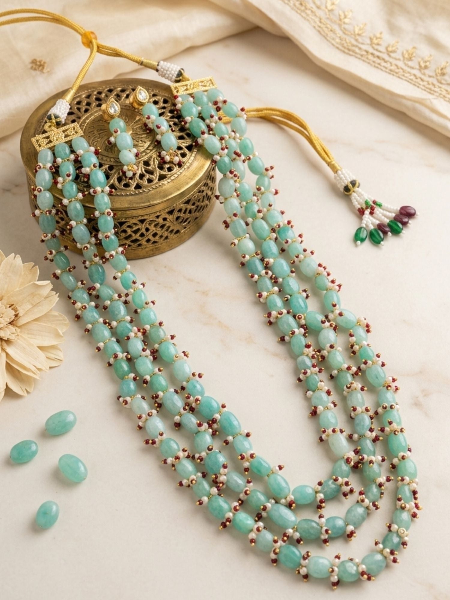 Abdesigns Aqua Green Beaded Multilayer Necklace Set with Pearl & Ruby Accents