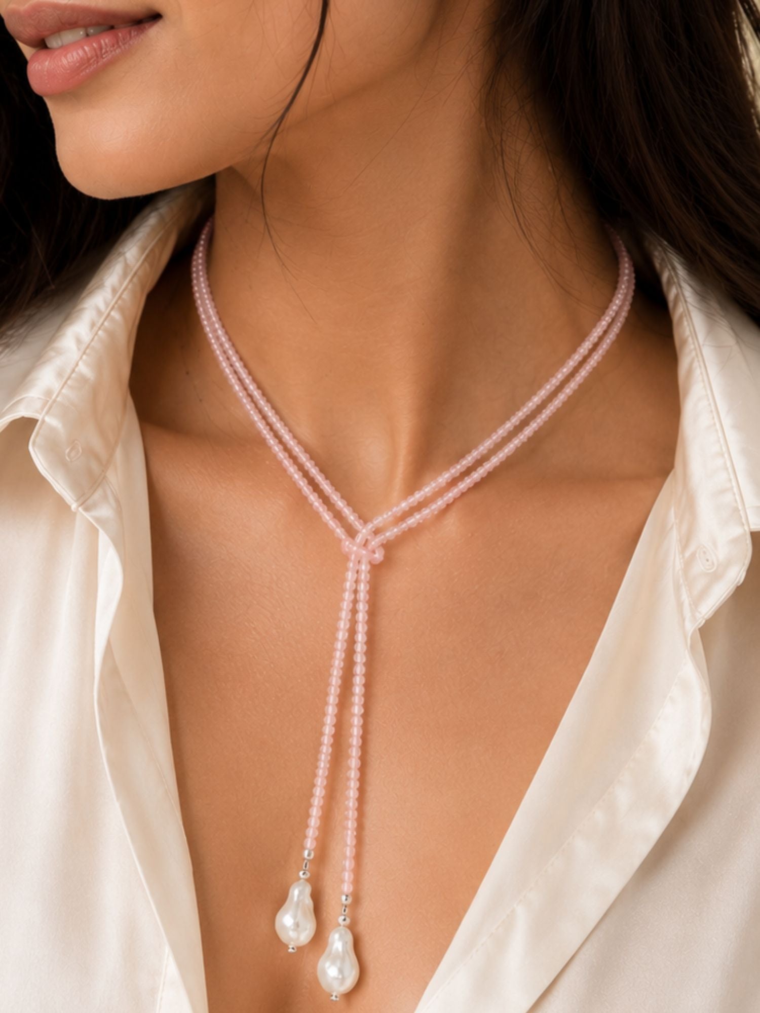 Beaded scarf necklace with pearl drops for women – view 9