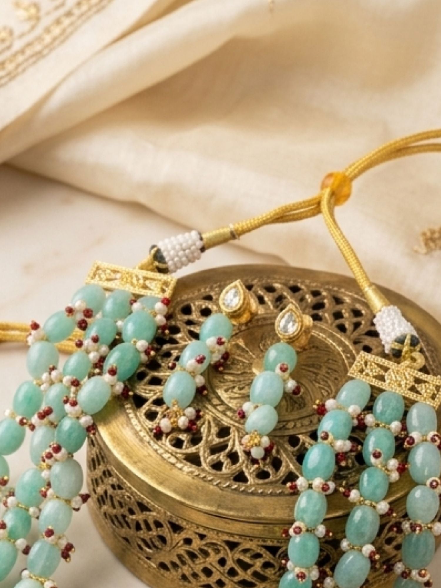 Abdesigns Aqua Green Beaded Multilayer Necklace Set with Pearl & Ruby Accents