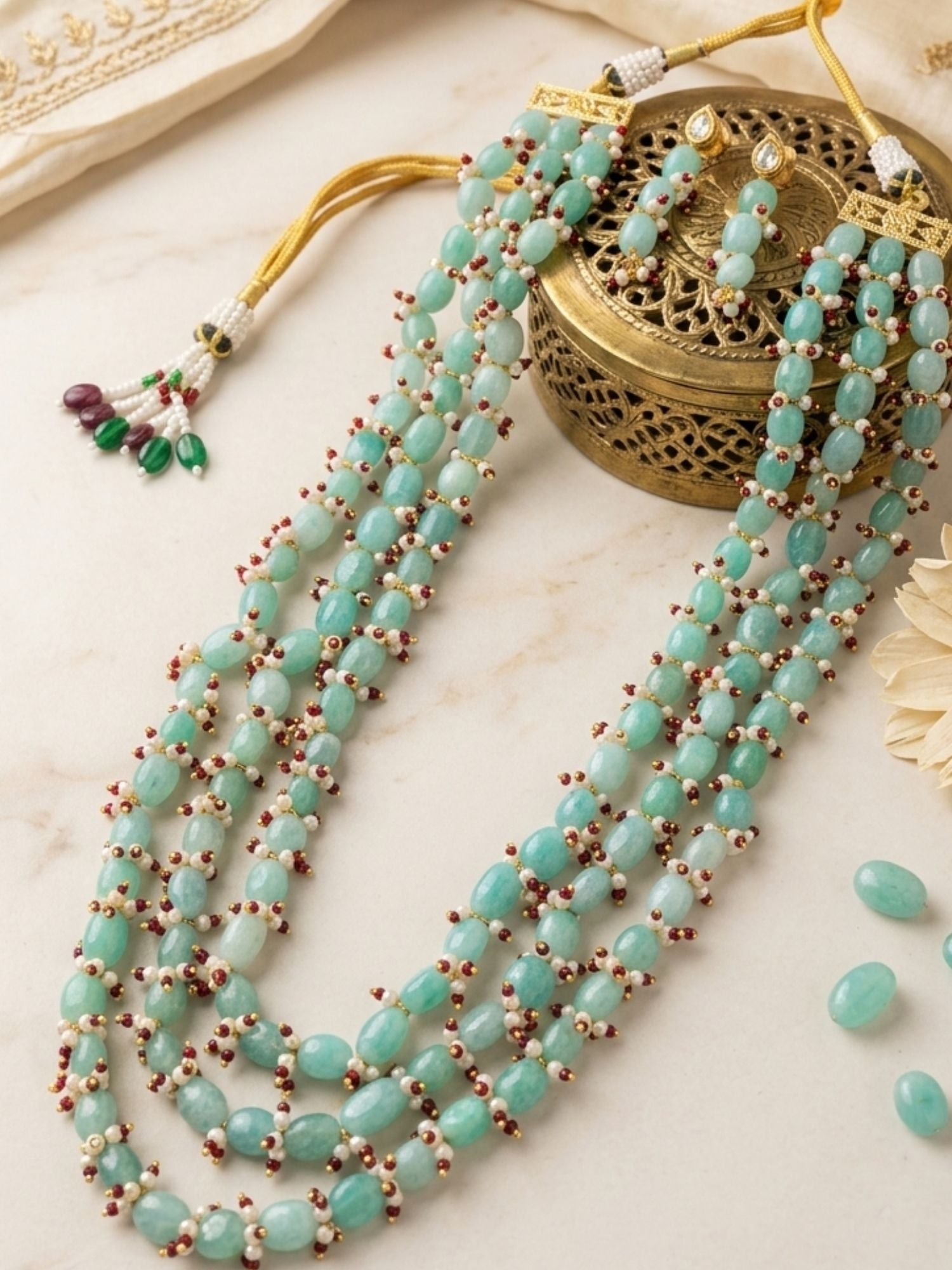 Abdesigns Aqua Green Beaded Multilayer Necklace Set with Pearl & Ruby Accents