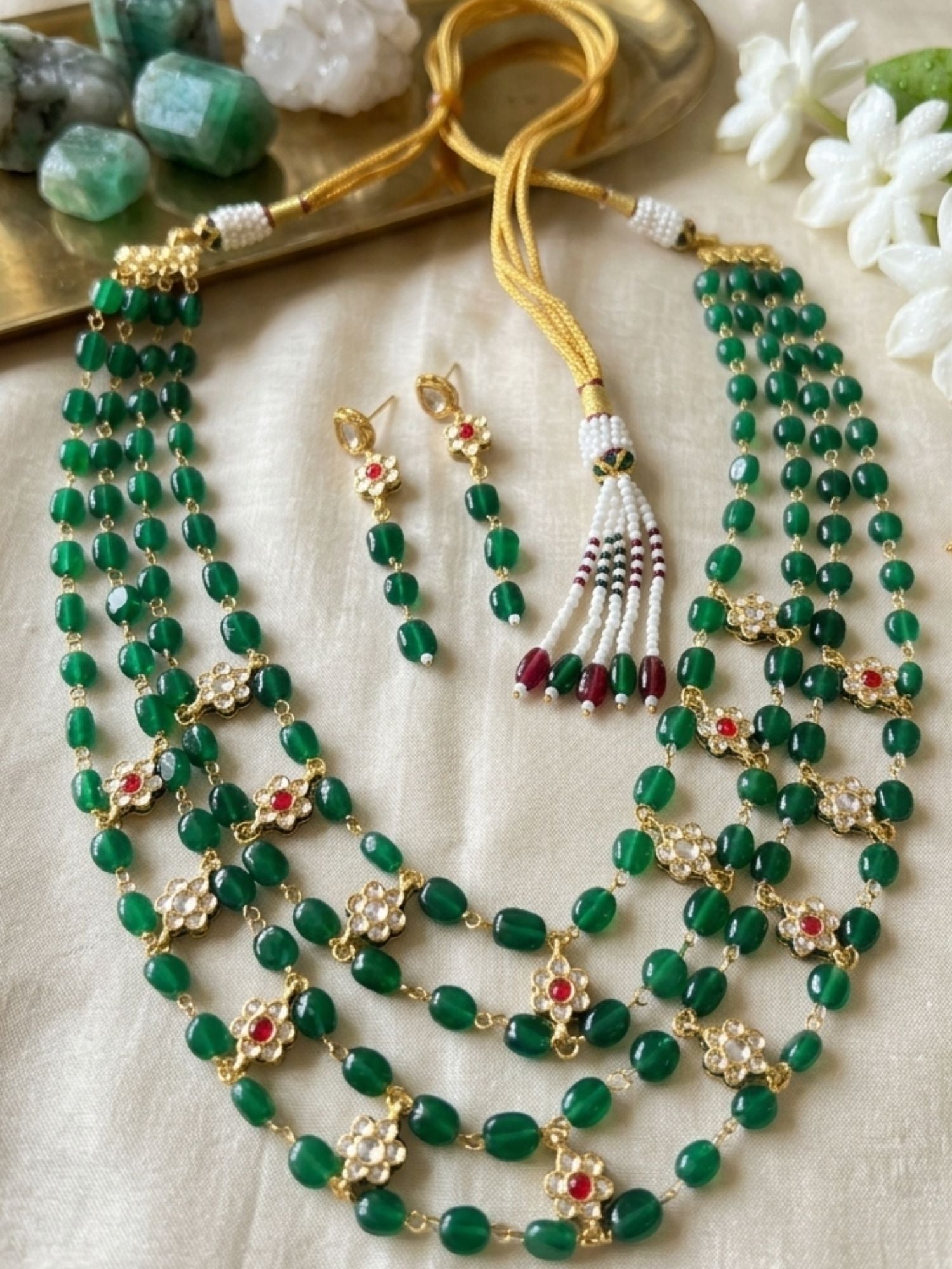Abdesigns Emerald Green Beaded Floral Polki Multilayer Necklace Set with Earrings
